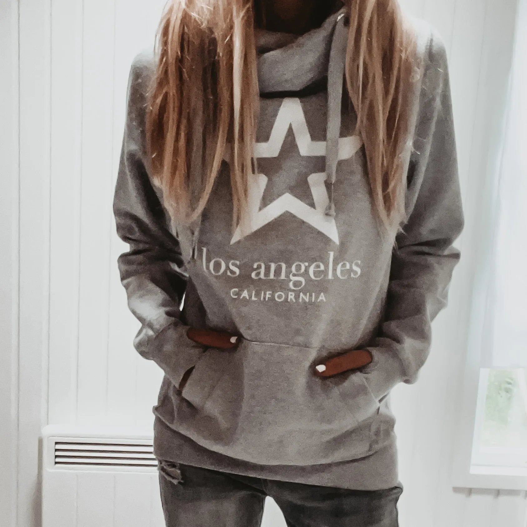 Grey & white LA star crossover neck hoody *boyfriend fit*