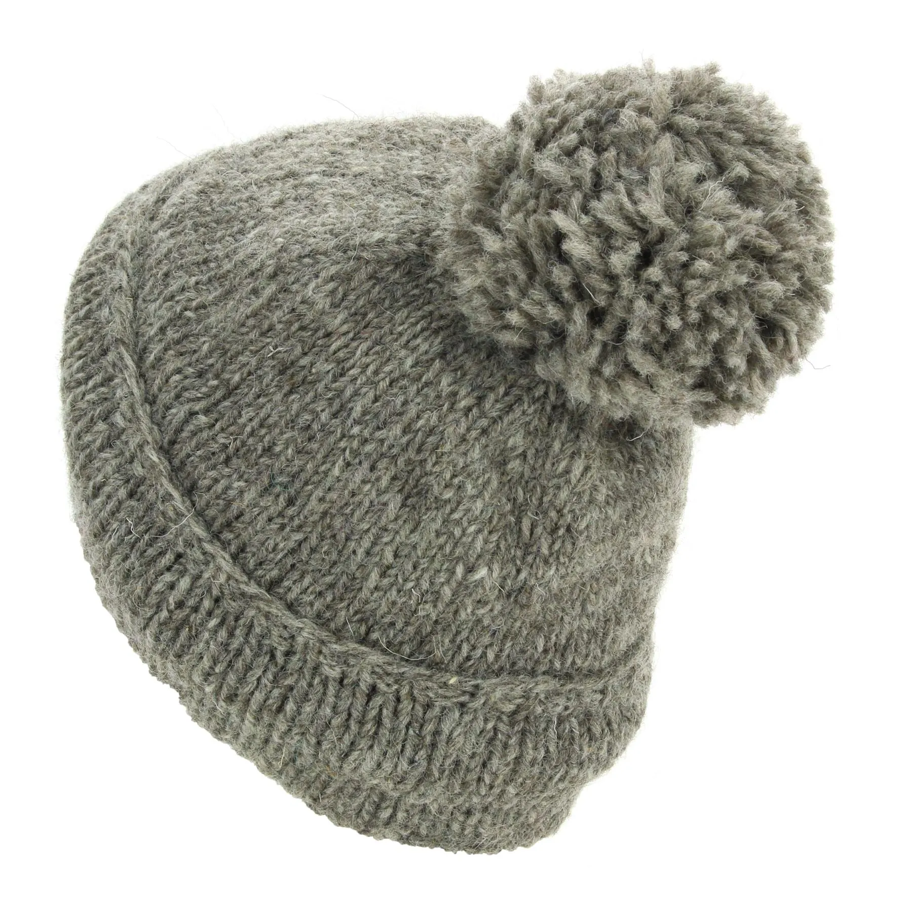 Hand Knitted Wool Beanie Bobble Hat - Plain Oatmeal