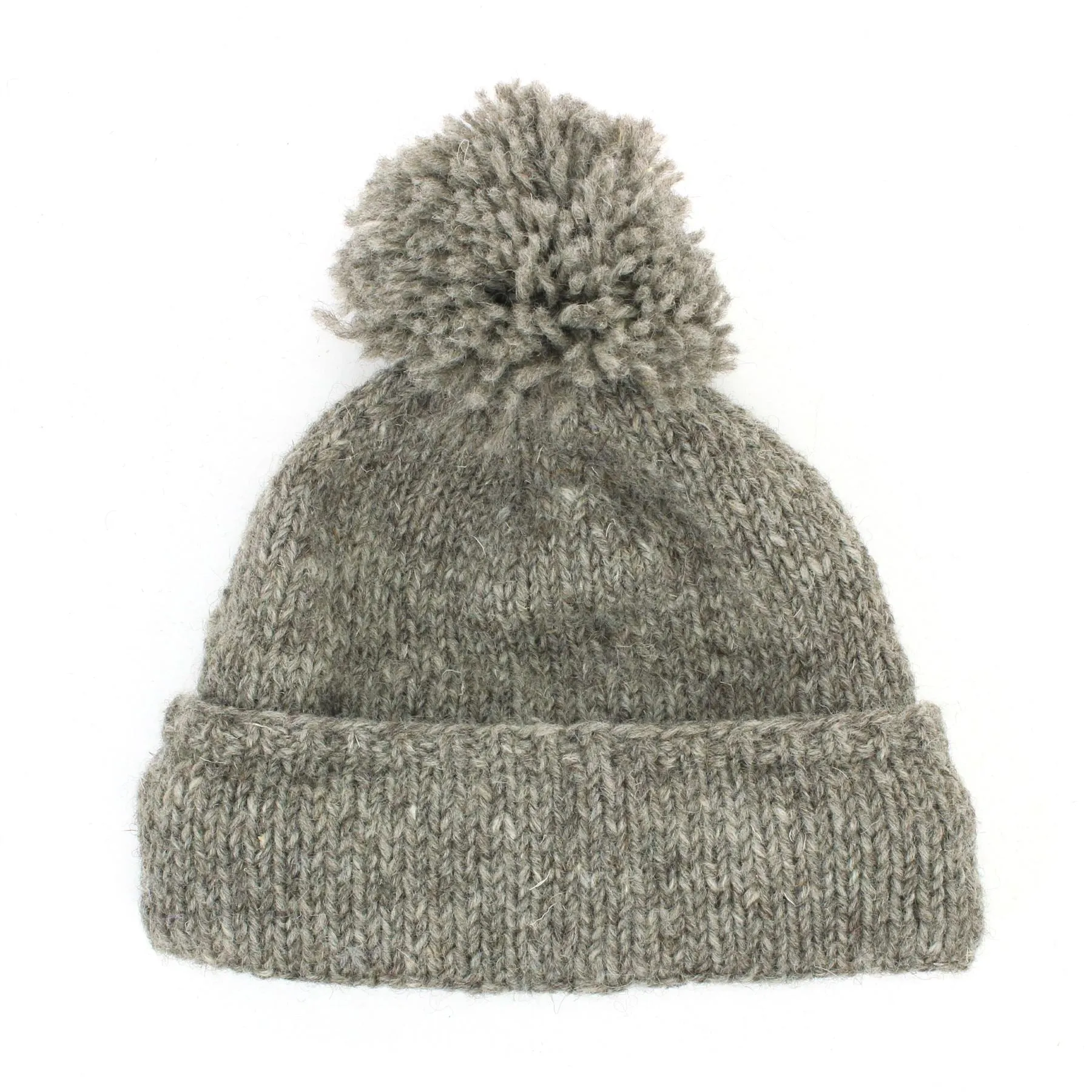 Hand Knitted Wool Beanie Bobble Hat - Plain Oatmeal