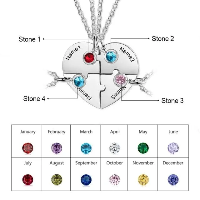 Heart Shape Friendship Necklace, Stainless Steel Personalized Necklace for Women, Birthstone Engraved Necklace for Four Friends