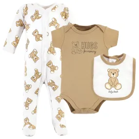 Hudson Baby Cotton Sleep and Play, Bodysuit and Bandana Bib Set, Teddy Bears