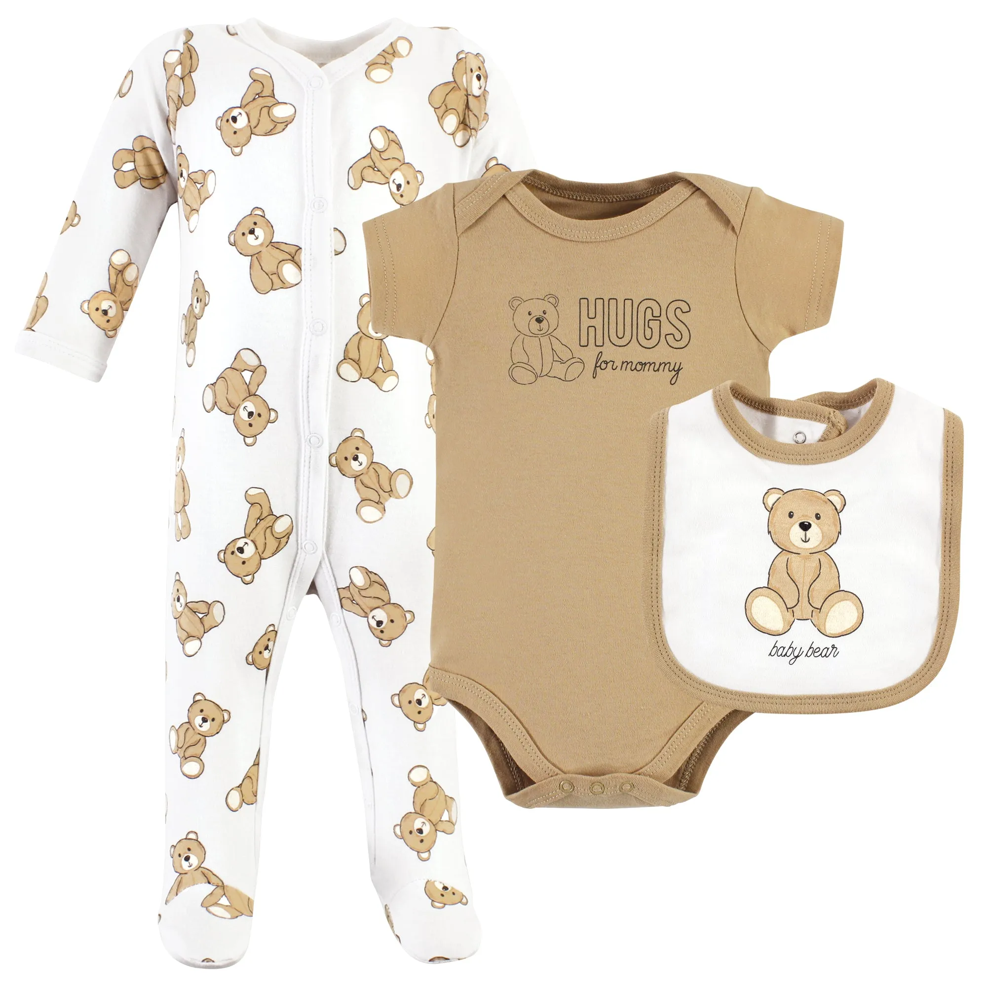 Hudson Baby Cotton Sleep and Play, Bodysuit and Bandana Bib Set, Teddy Bears