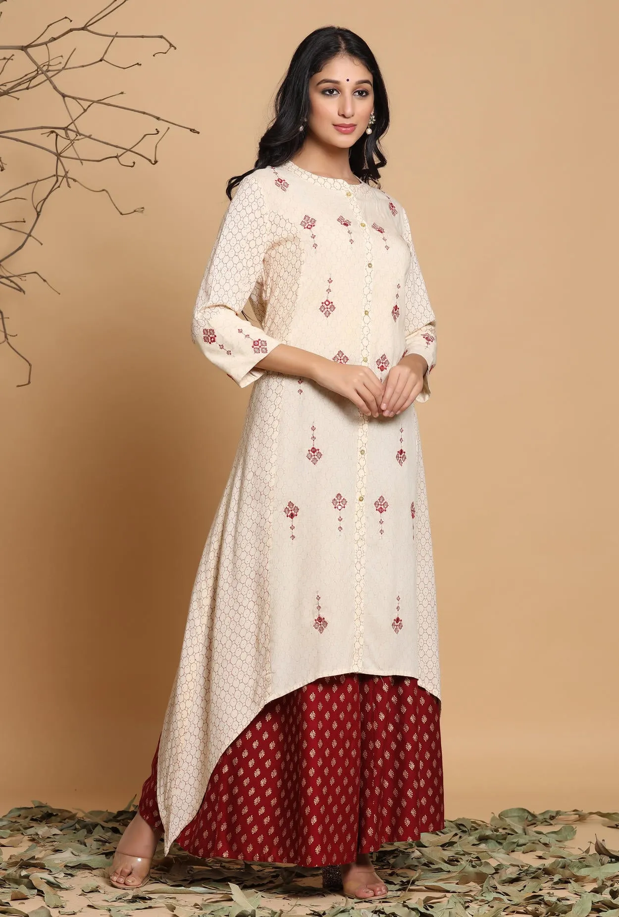 Juniper Ivory Geometric Printed & Embroidered Rayon Kurta