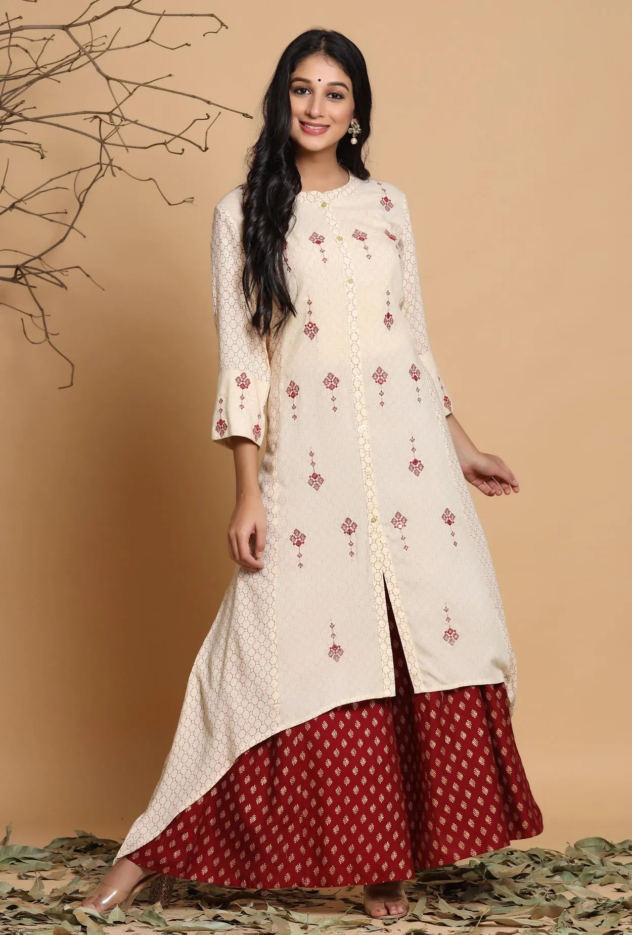 Juniper Ivory Geometric Printed & Embroidered Rayon Kurta