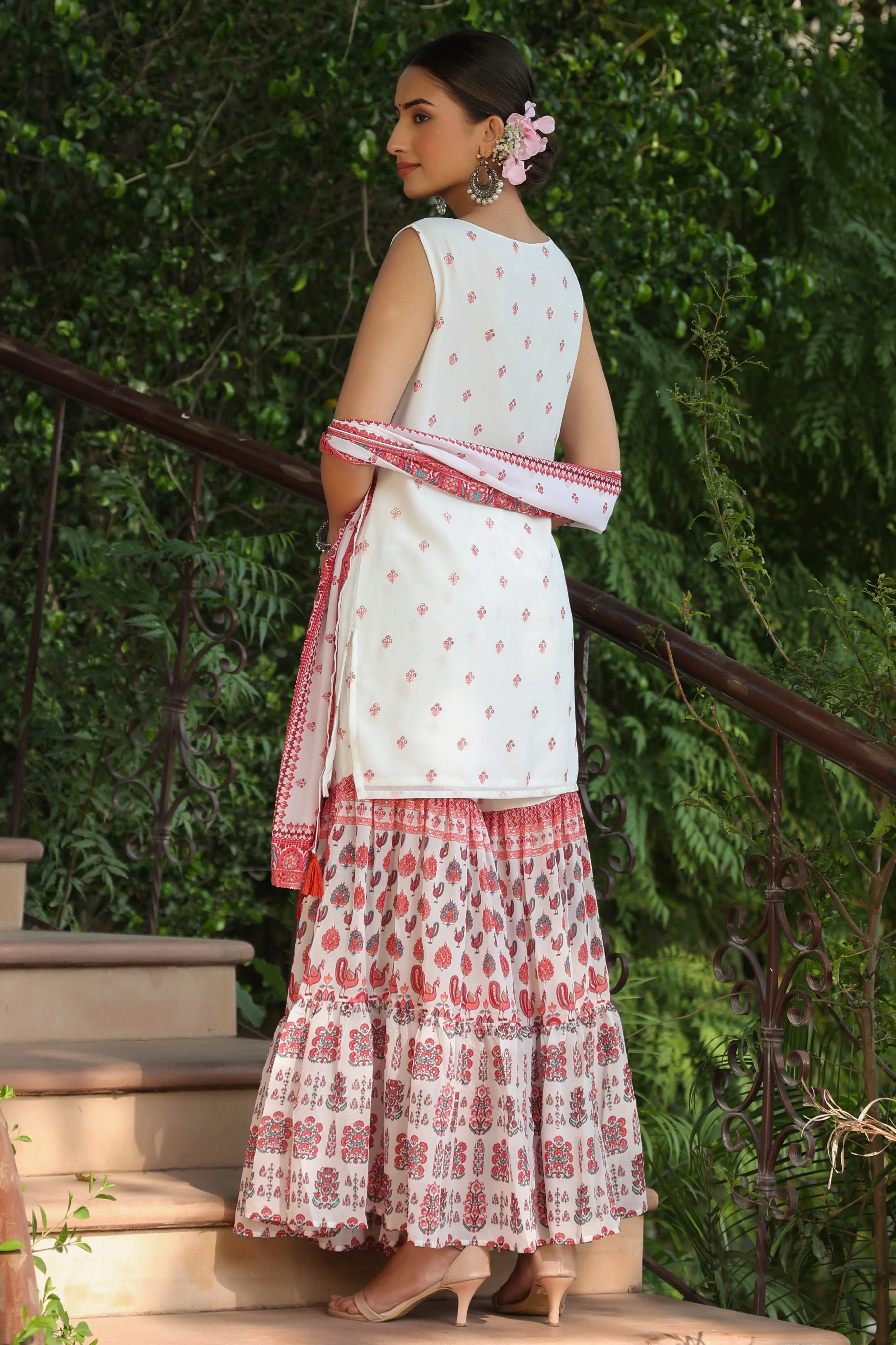 Juniper Maroon Ethnic Motif Printed Georgette Kurta Sharara & Dupatta Set With Thread Work Embroidery