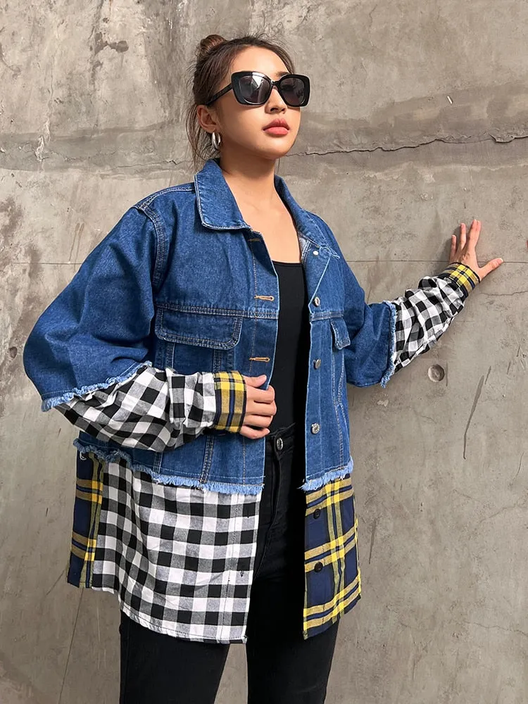 Korean Single Breasted Jacket For Women Lapel Long Sleeve Patchwork Plaid Jackets Female Clothing Autumn Style