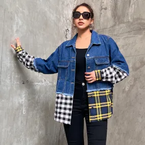 Korean Single Breasted Jacket For Women Lapel Long Sleeve Patchwork Plaid Jackets Female Clothing Autumn Style