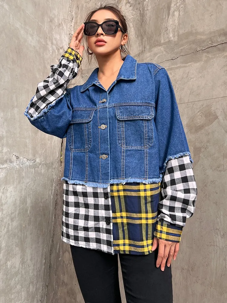 Korean Single Breasted Jacket For Women Lapel Long Sleeve Patchwork Plaid Jackets Female Clothing Autumn Style