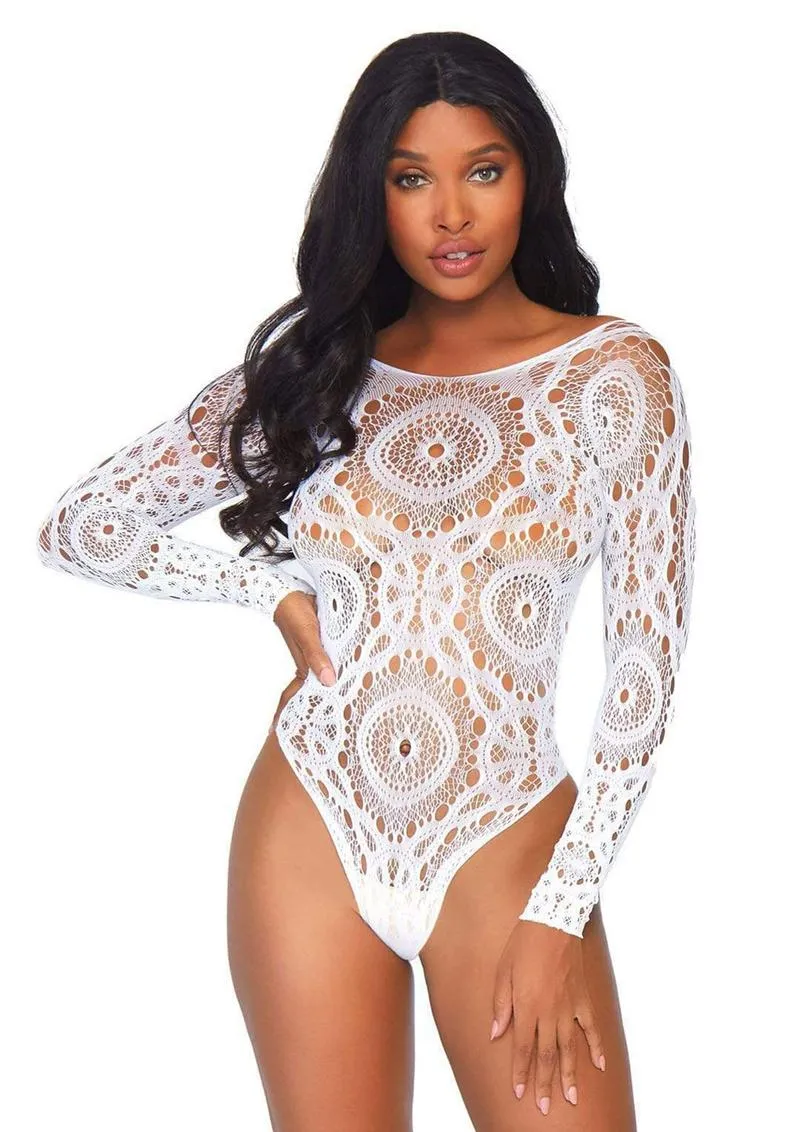 Leg Avenue Crochet Lace Long Sleeved Snap Crotch Thong Back Bodysuit