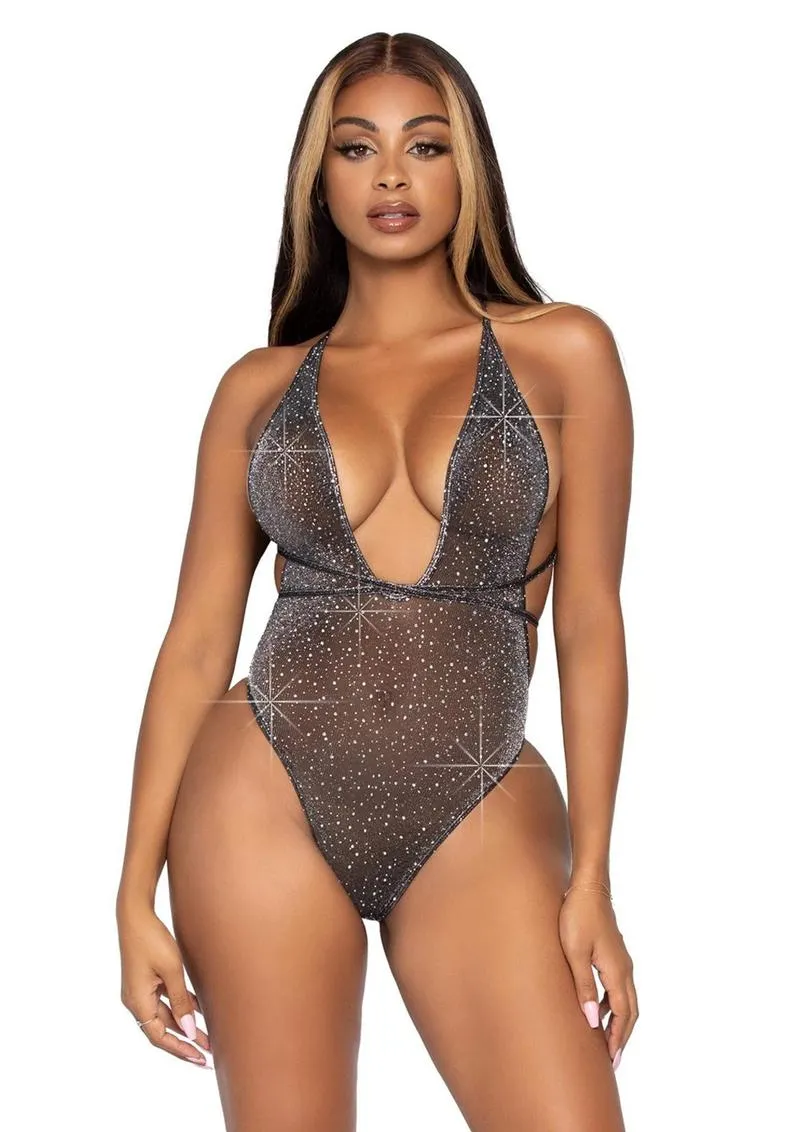 Leg Avenue Shimmer Sheer Lurex Rhinestone Bodysuit with Thong Back and Convertible Wrap-Around Straps