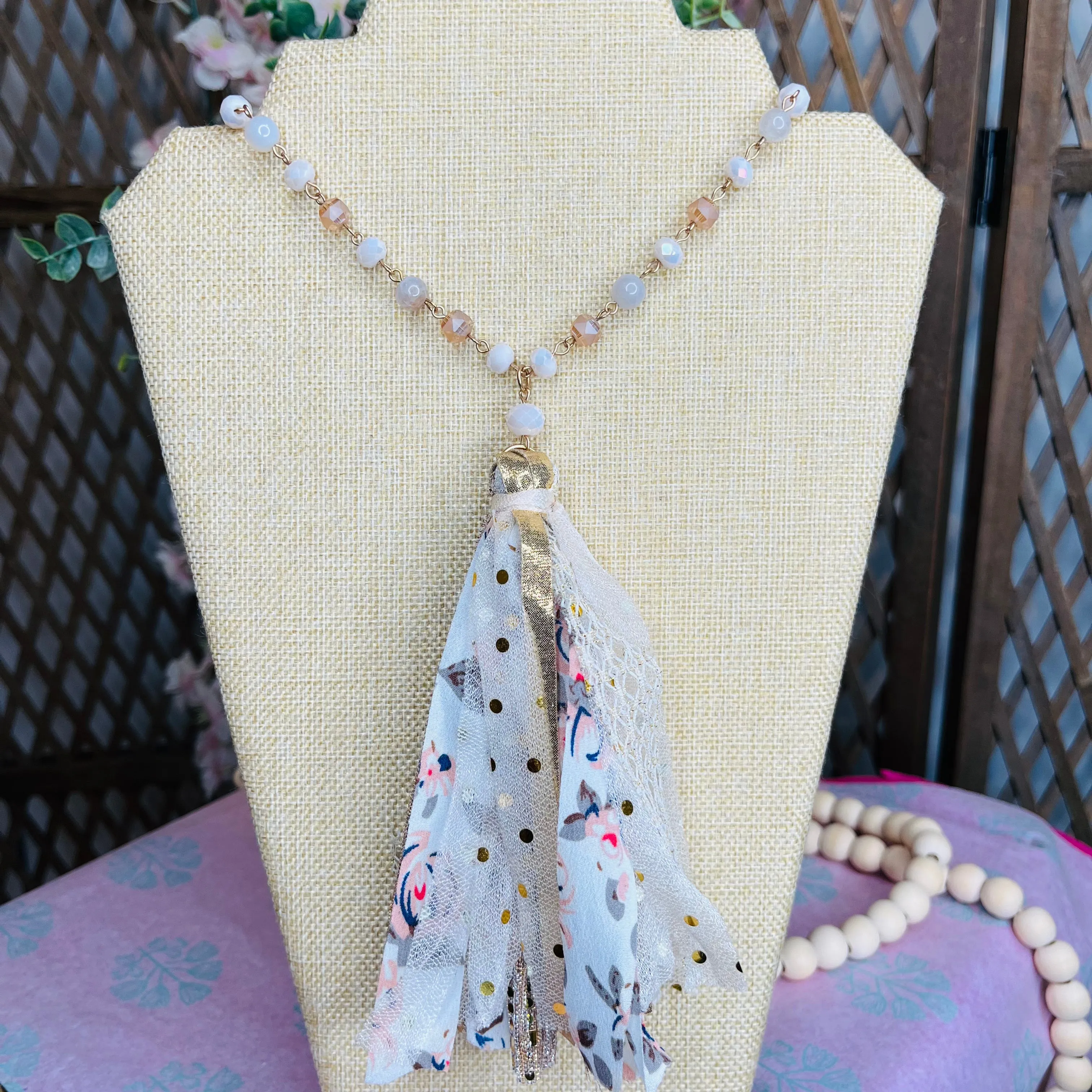 long beaded chain tassel necklace: white