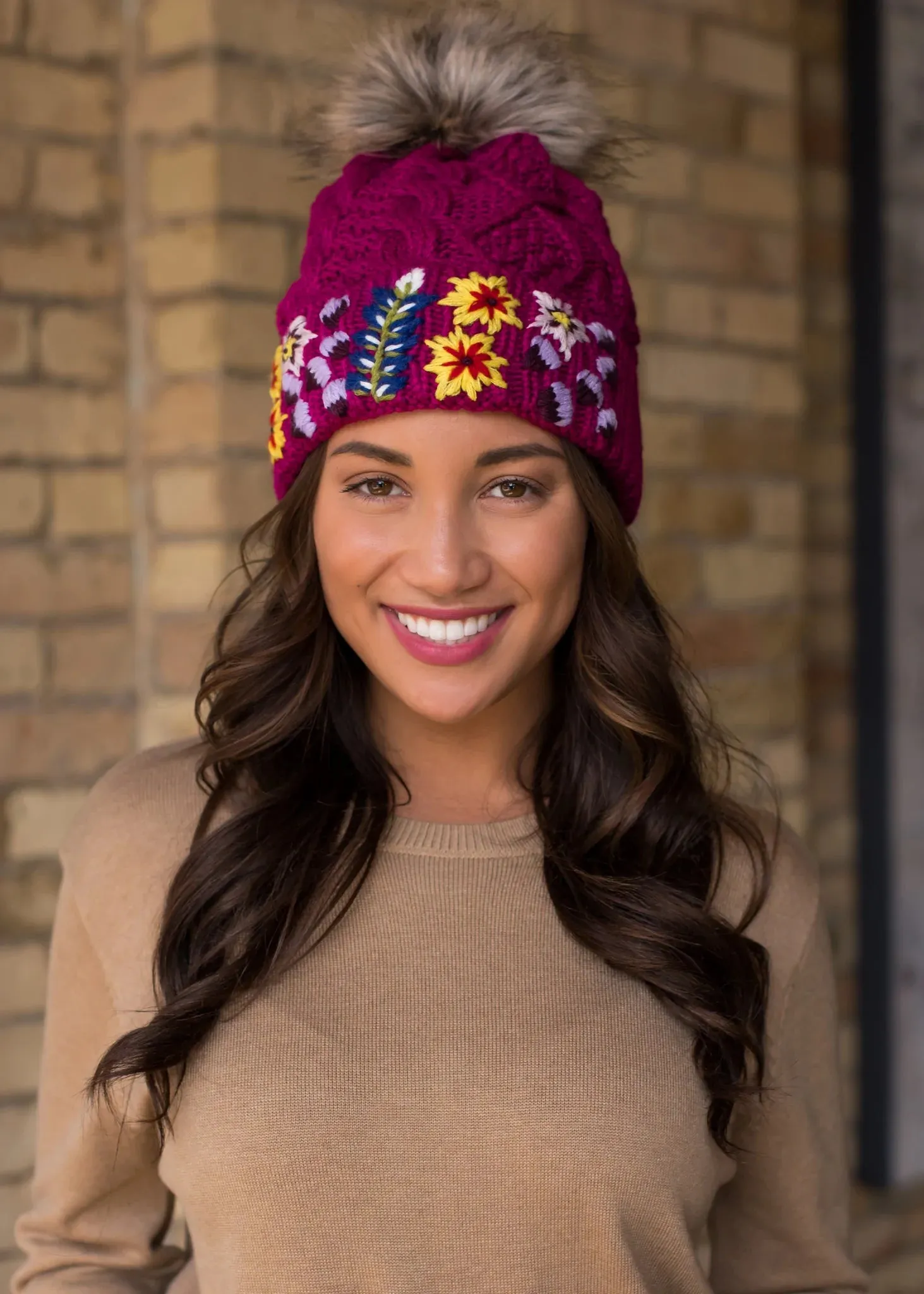 MAGENTA FLORAL CABLE KNIT BEANIE