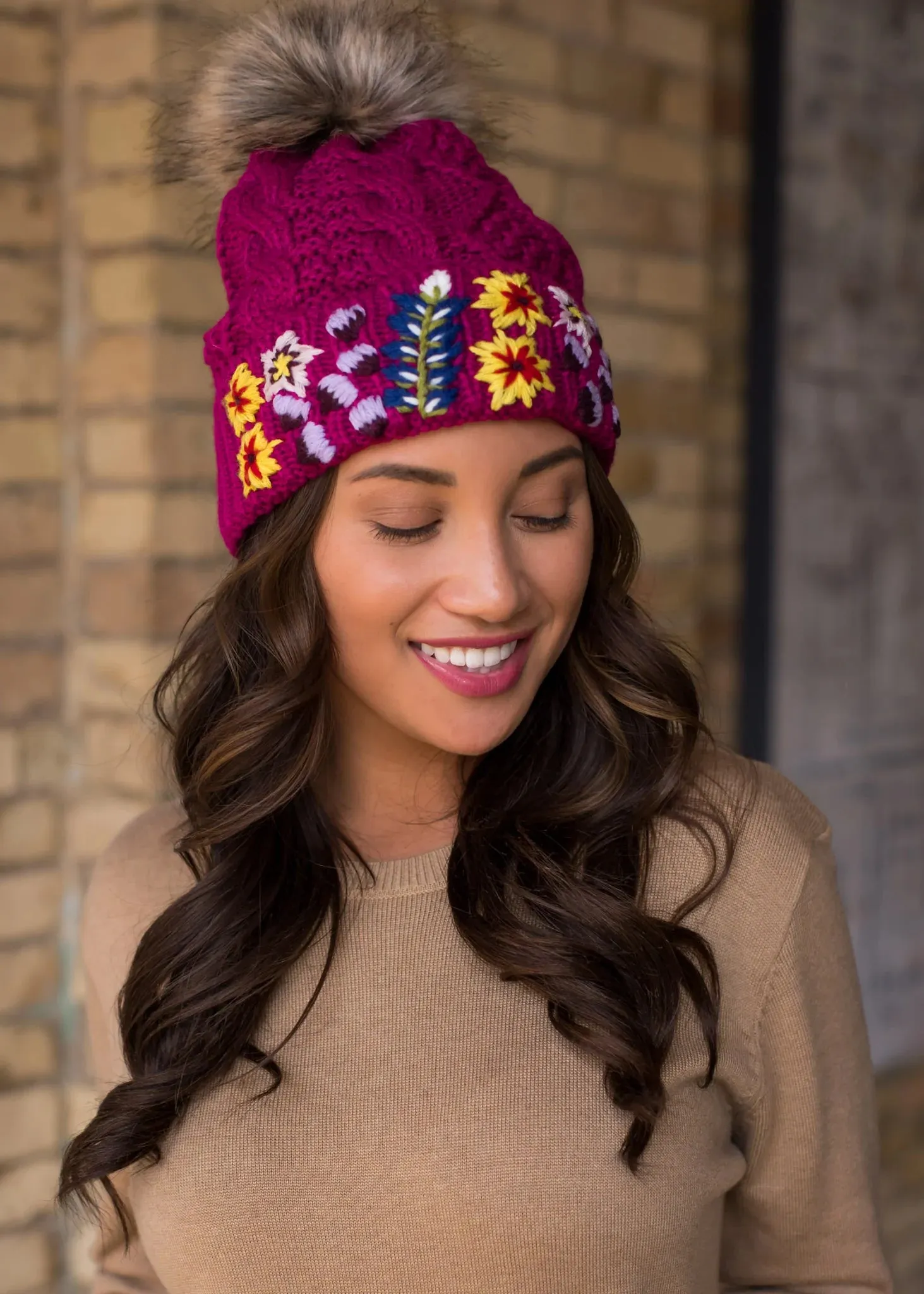 MAGENTA FLORAL CABLE KNIT BEANIE