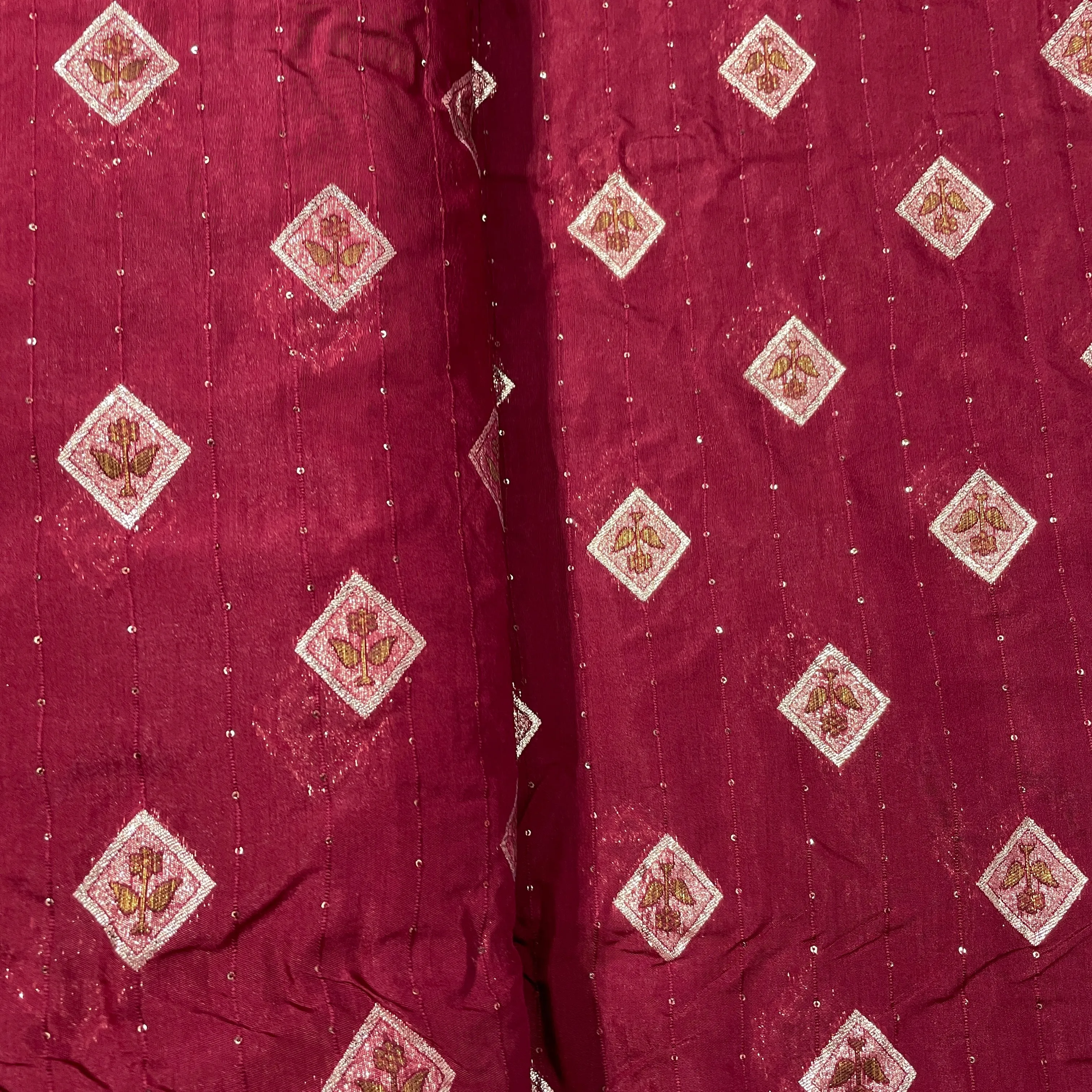 Maroon Zari Embroidery Sequins Chanderi Fabric