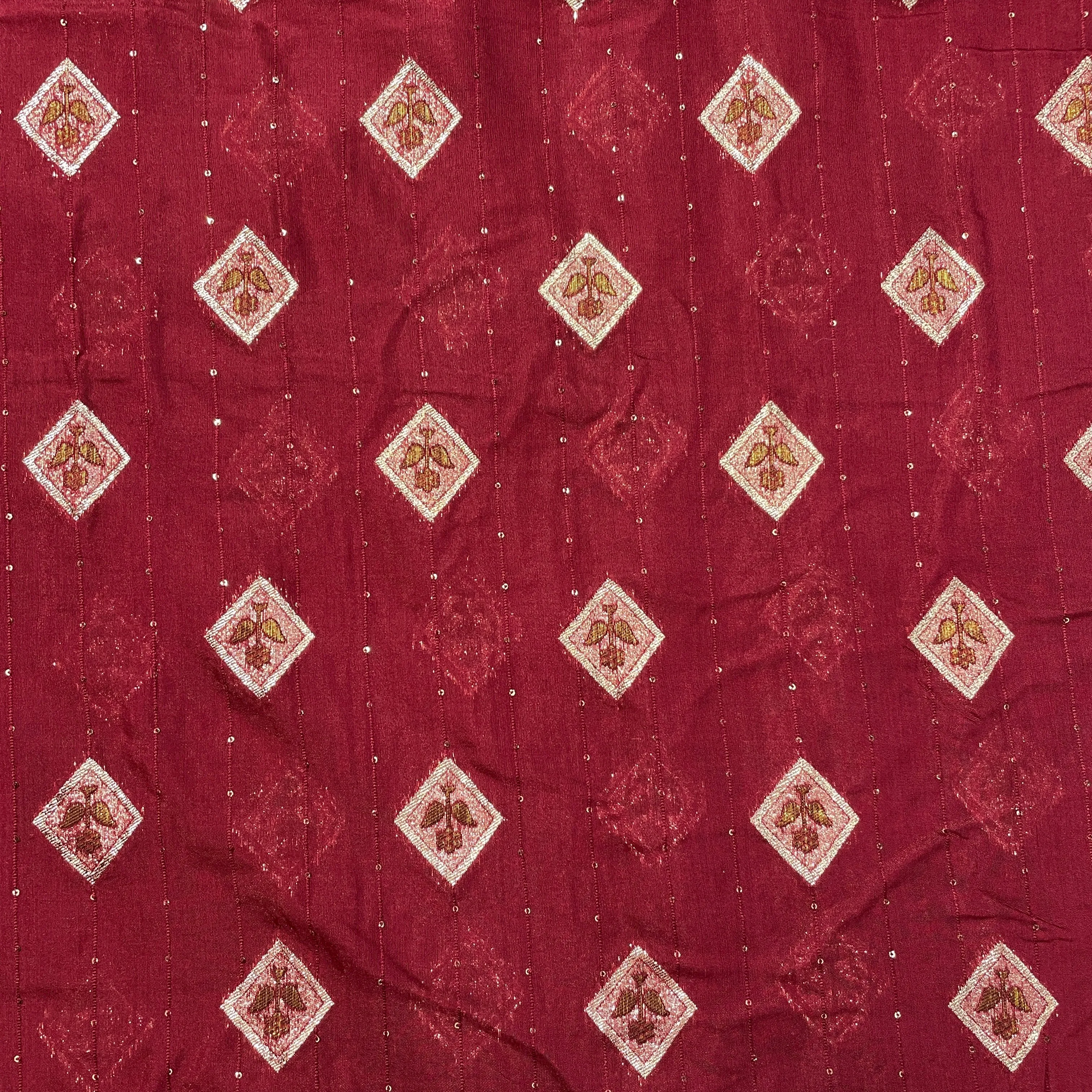 Maroon Zari Embroidery Sequins Chanderi Fabric