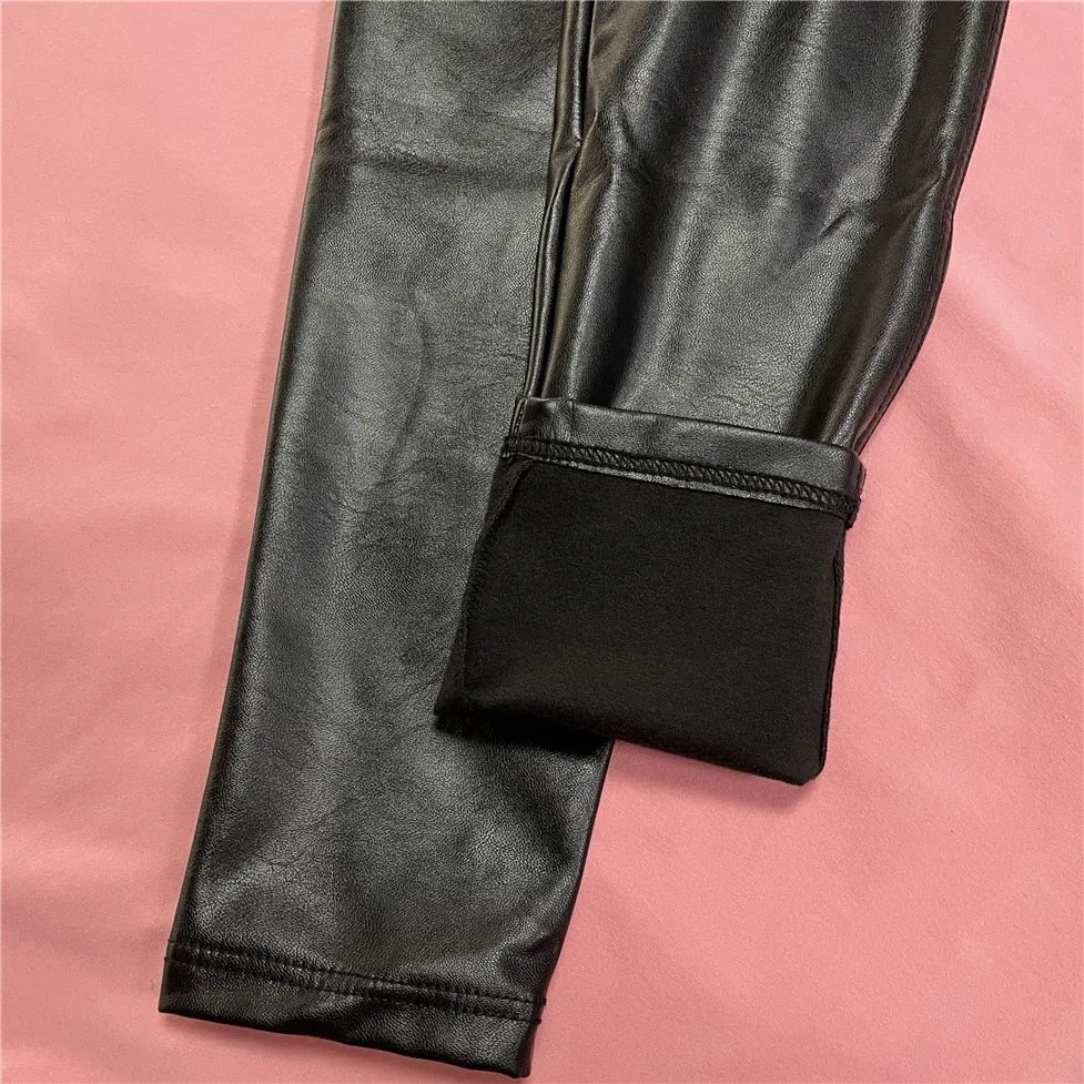 Melody Black Pleather Pants Womens Heat Fleece Lined Leggings Pu Skinny Push Up Trousers