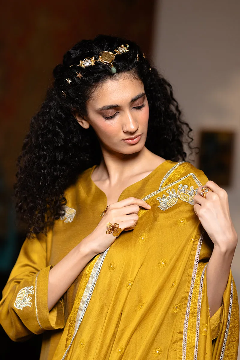 Mustard Silk Embroidered Festive Kurta Set