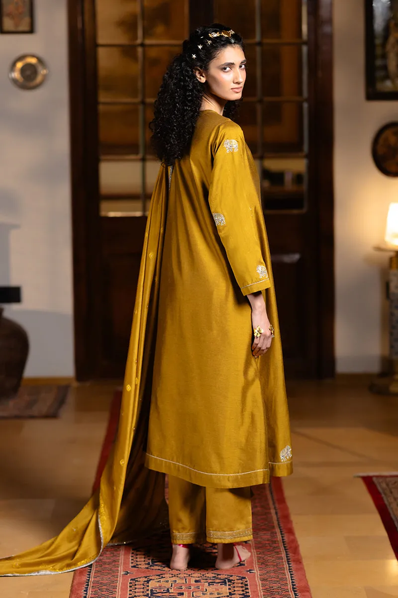 Mustard Silk Embroidered Festive Kurta Set