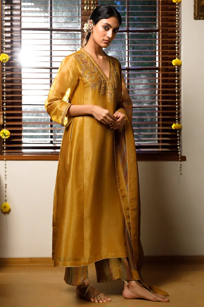 Mustard Tissue Silk Festive Kurta Set