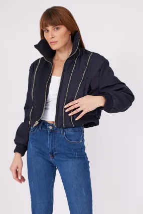 Navy Blue Striped Zipper Detailed Coat