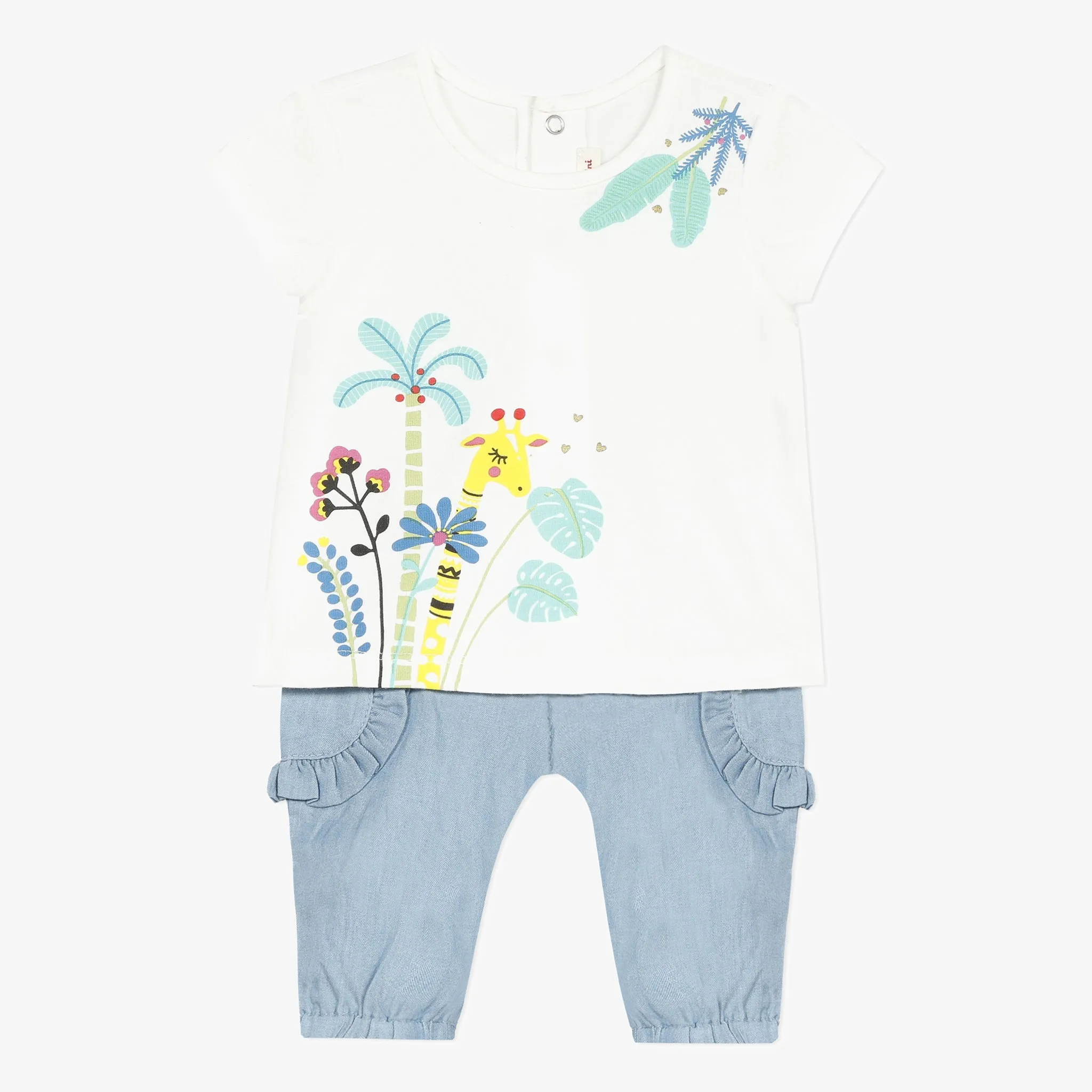 Newborn girl short sleeve t-shirt and soft denim pants set