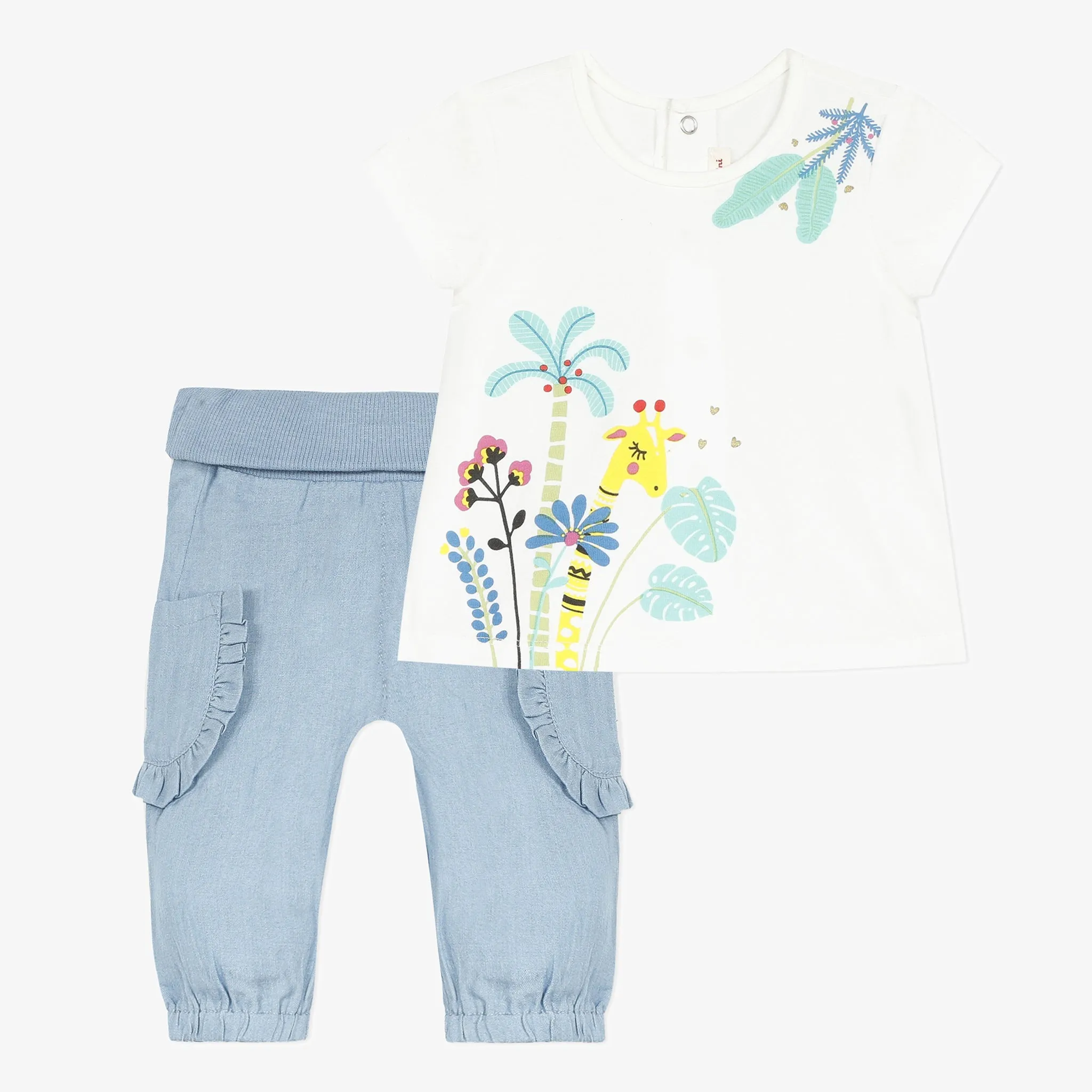 Newborn girl short sleeve t-shirt and soft denim pants set