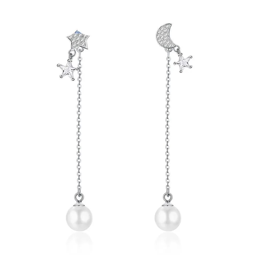 Pearl Moon Dangle Earrings- Solid Sterling Silver Earrings- Silver Dangle Earrings for Women