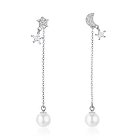 Pearl Moon Dangle Earrings- Solid Sterling Silver Earrings- Silver Dangle Earrings for Women