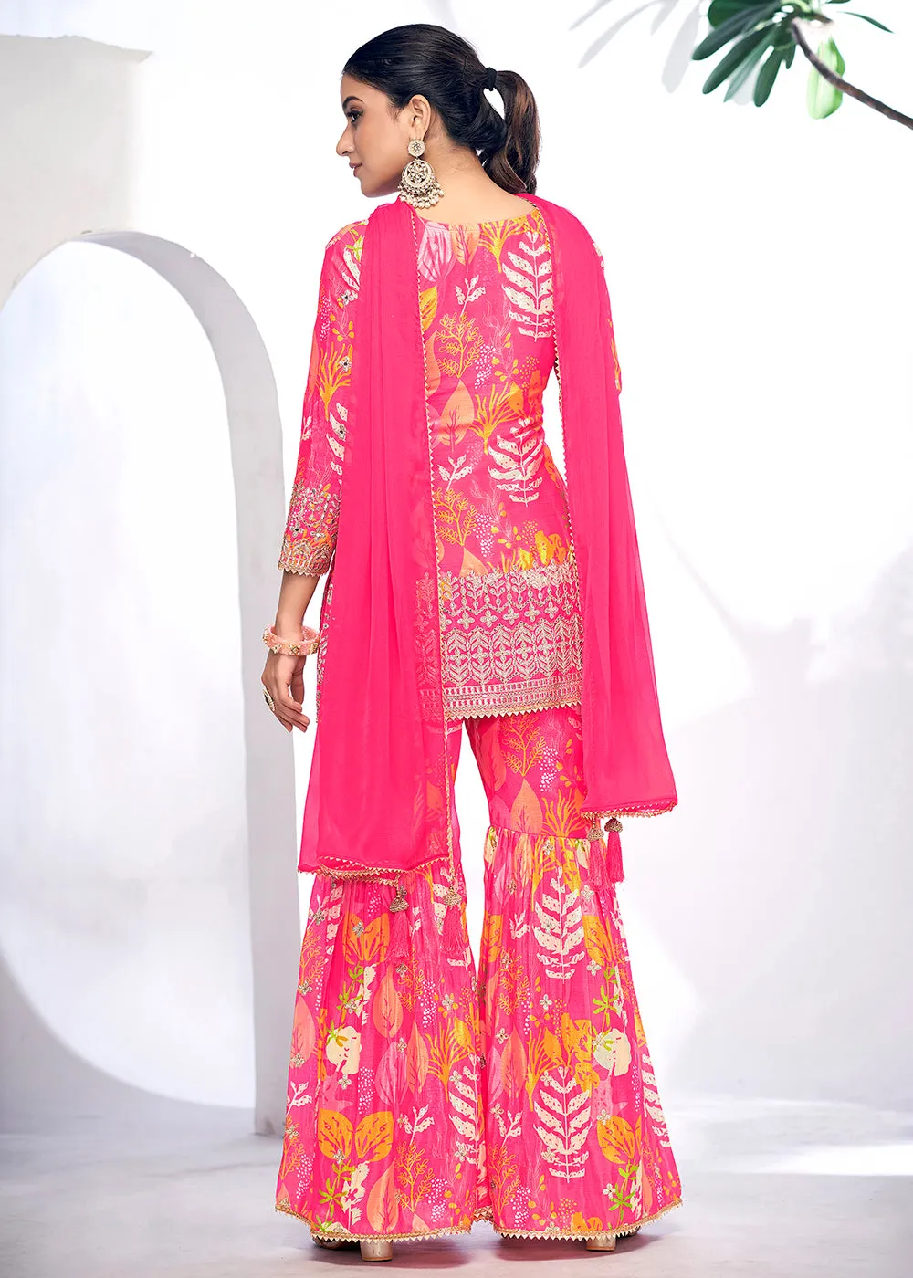 Pink Embroidered & Printed Festive Gharara Suit