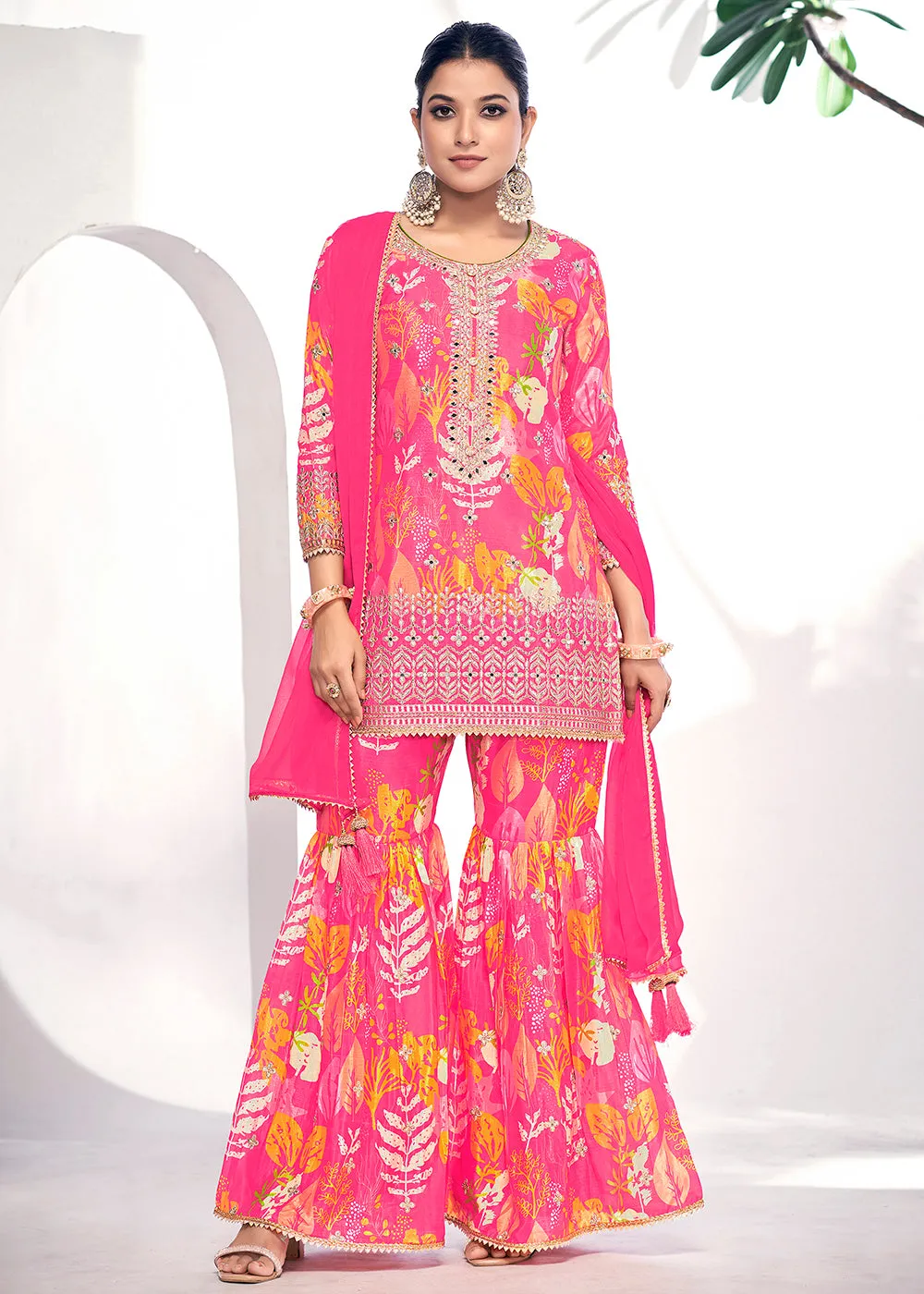 Pink Embroidered & Printed Festive Gharara Suit