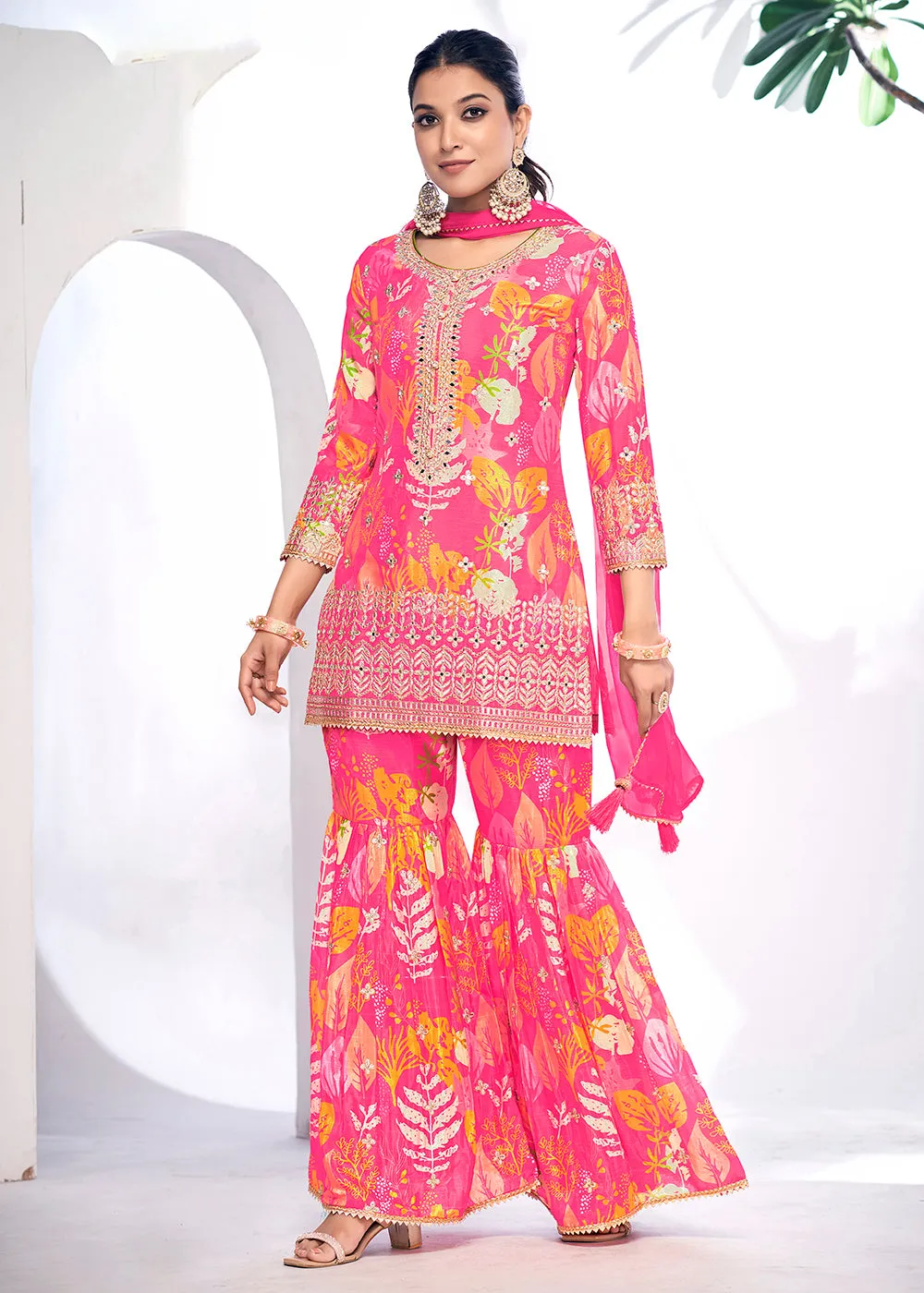 Pink Embroidered & Printed Festive Gharara Suit