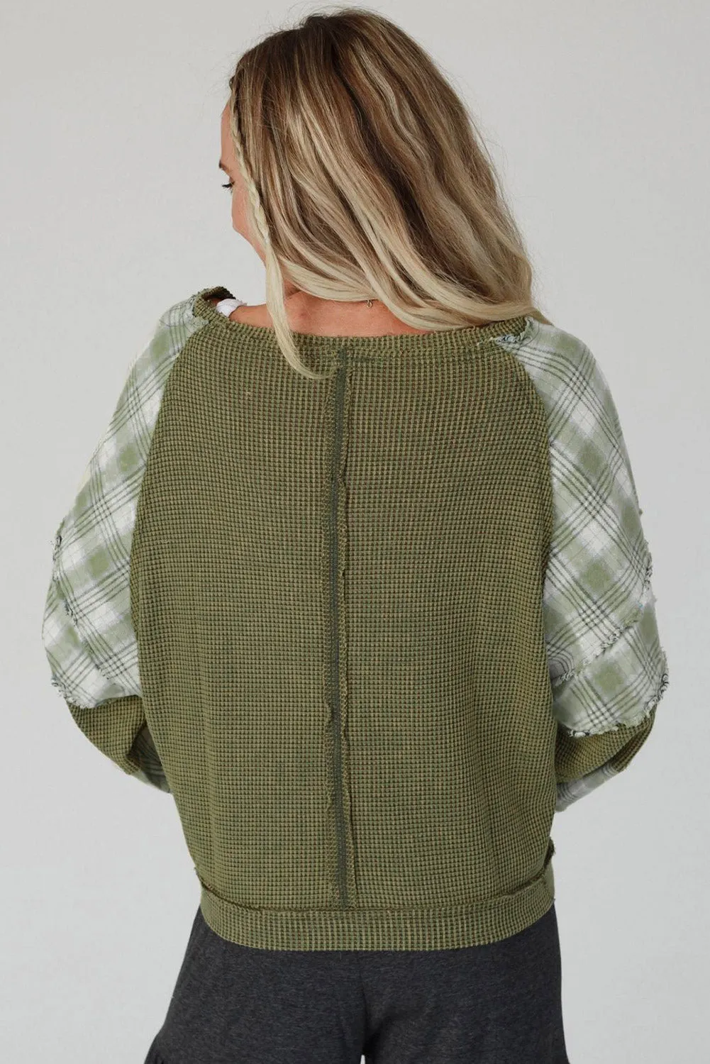 Plaid Patch Waffle Knit Exposed Seam Bubble Sleeve Top