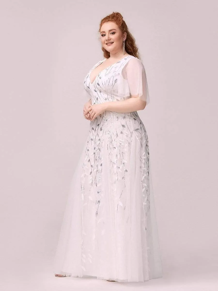 Plus Size Shimmery V Neck Evening Gowns with Ruffles Sleeves