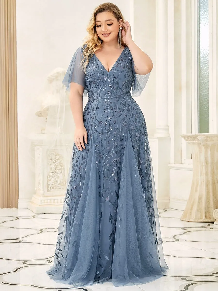 Plus Size Shimmery V Neck Evening Gowns with Ruffles Sleeves