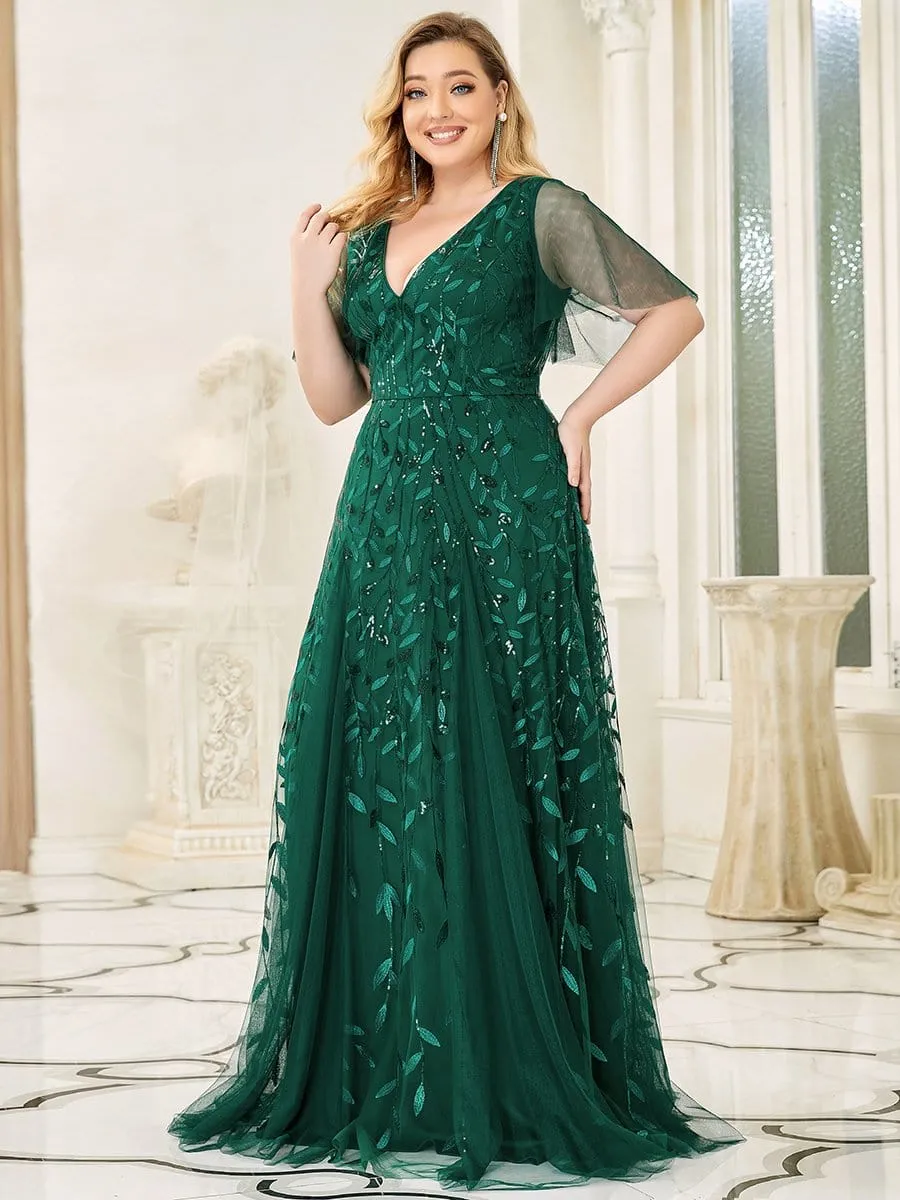 Plus Size Shimmery V Neck Evening Gowns with Ruffles Sleeves