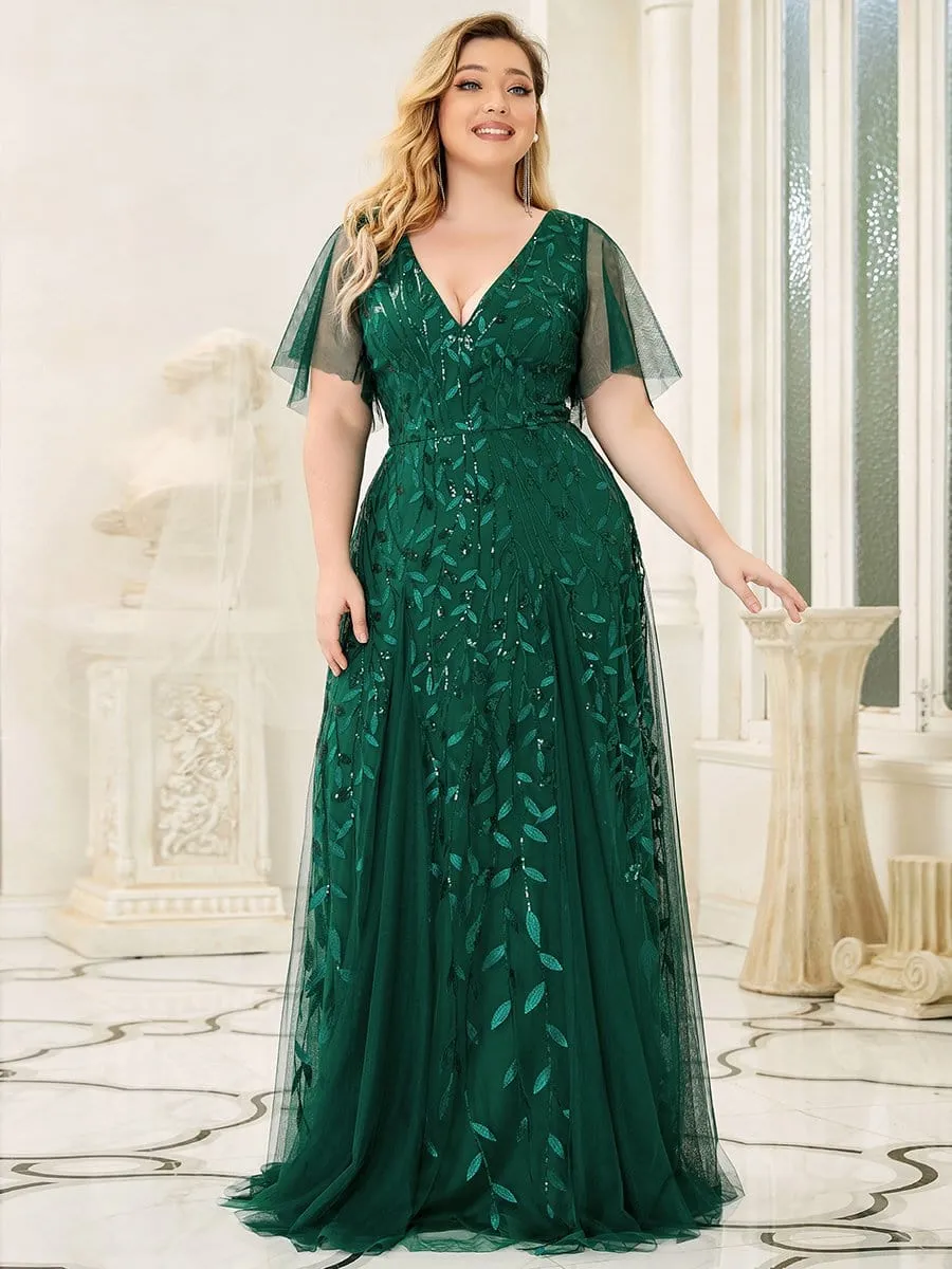 Plus Size Shimmery V Neck Evening Gowns with Ruffles Sleeves