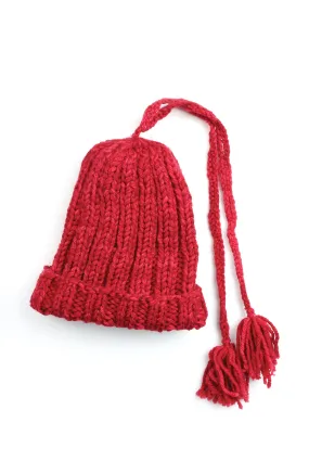 Red Hand-knit Hat with Tassels