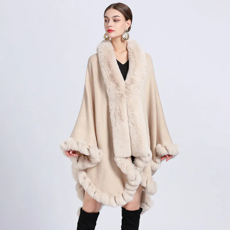 Rex Rabbit Fur Collar Shawl Irregular Oversized Knitted Cardigan Baggy Coat