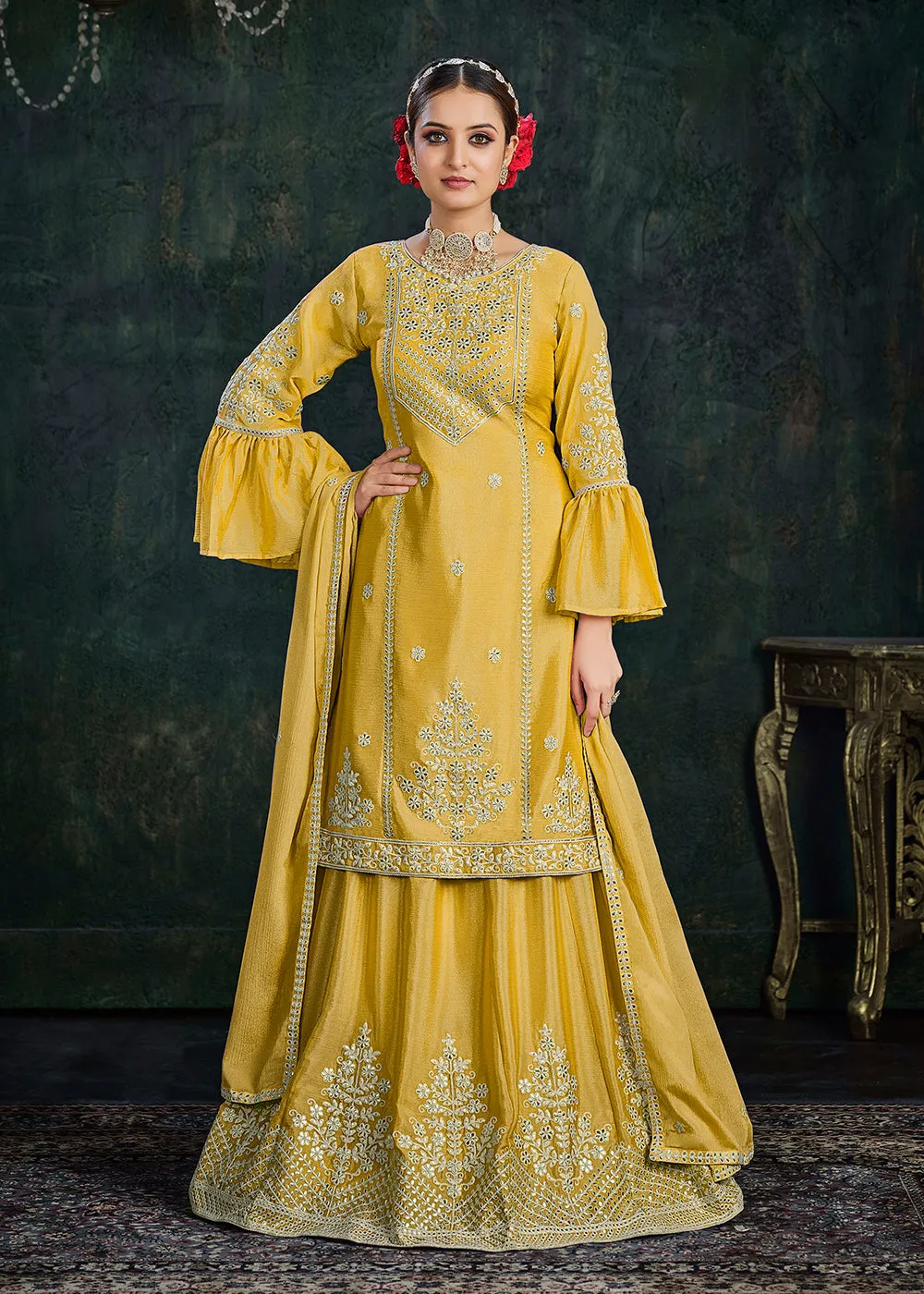 Sharara Top Style Gorgeous Yellow Chinon Festive Lehenga Suit