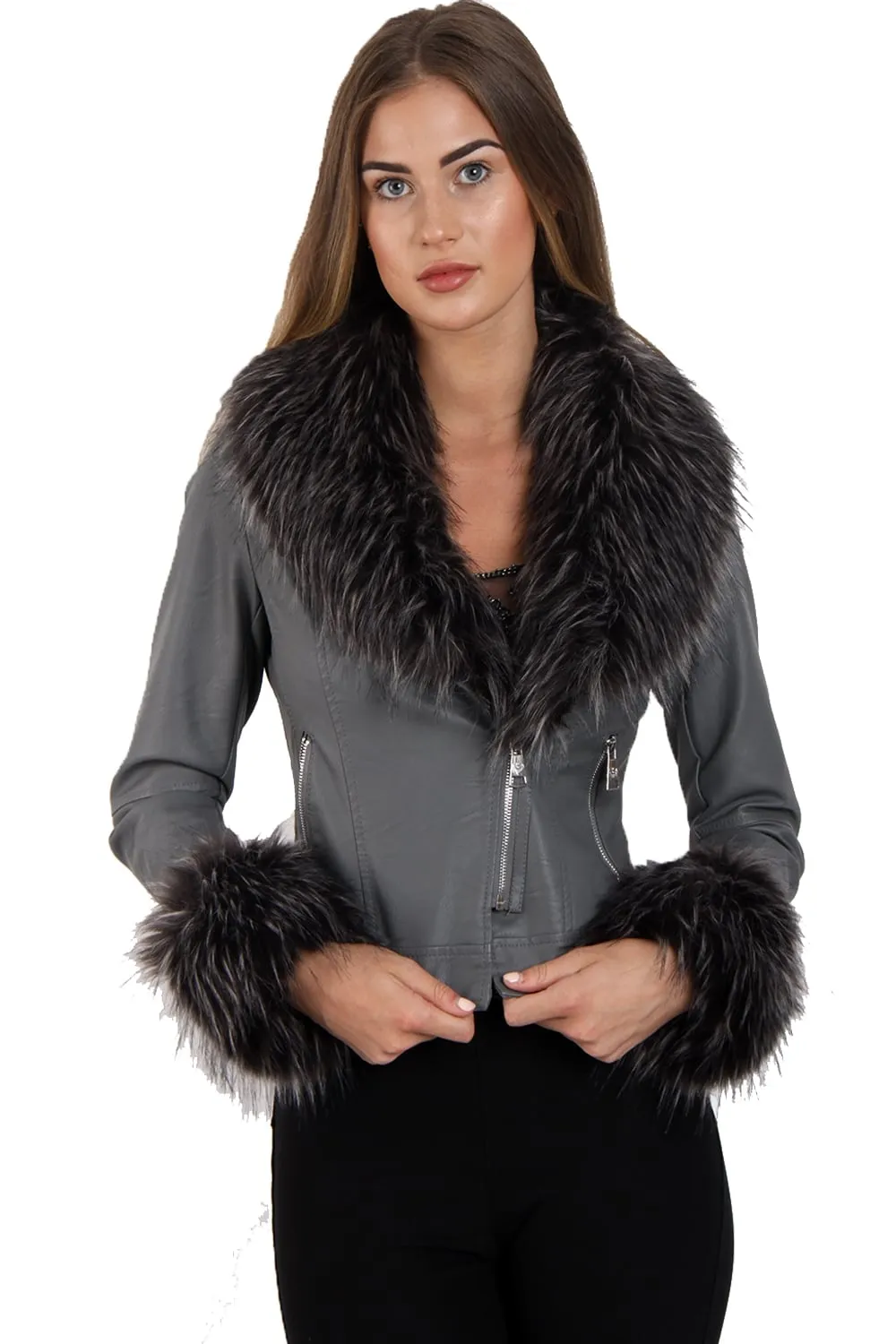 Short Faux Fur Trim Biker Leather Coat