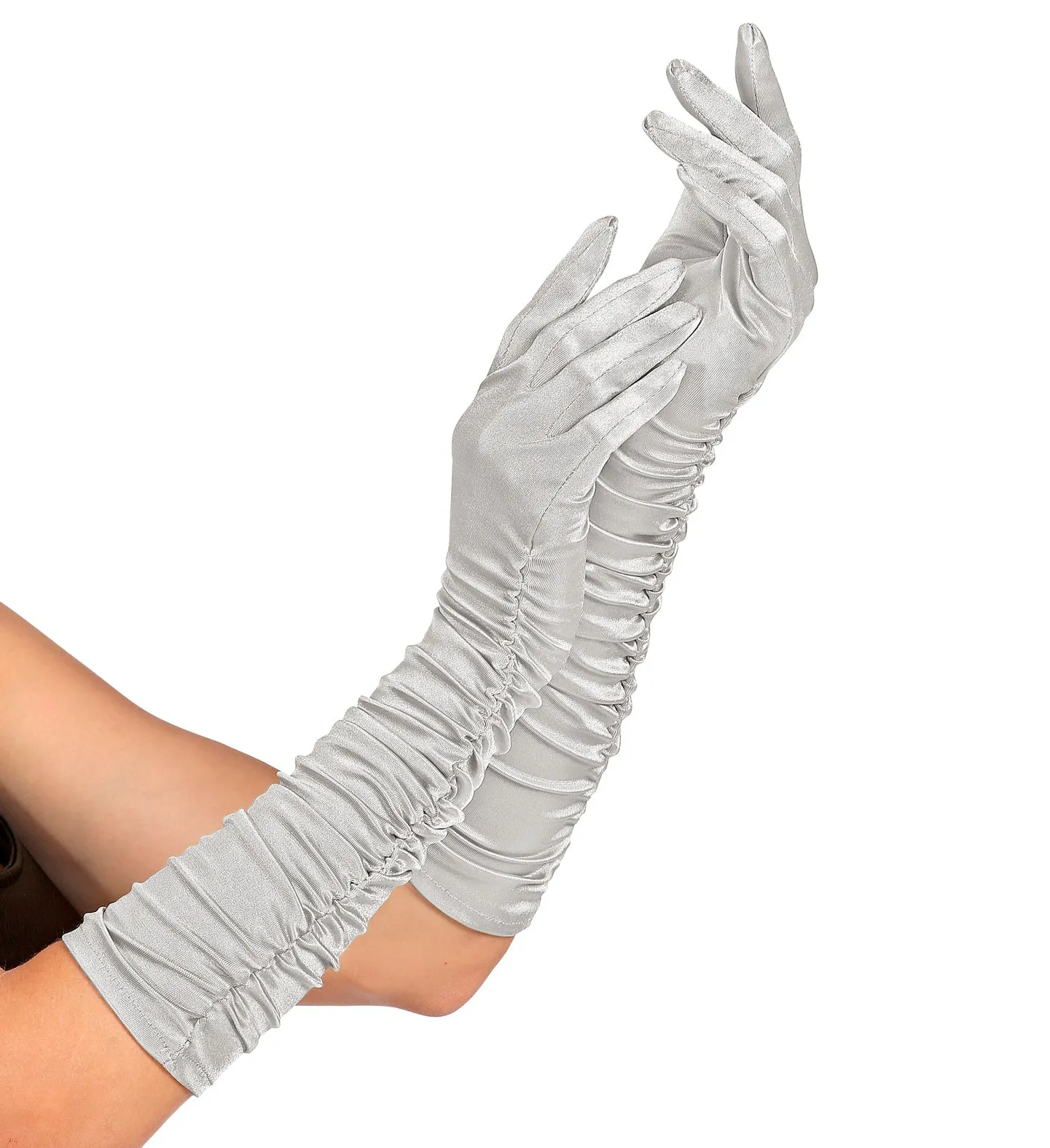 Silver Pleated Satin Opera Gloves