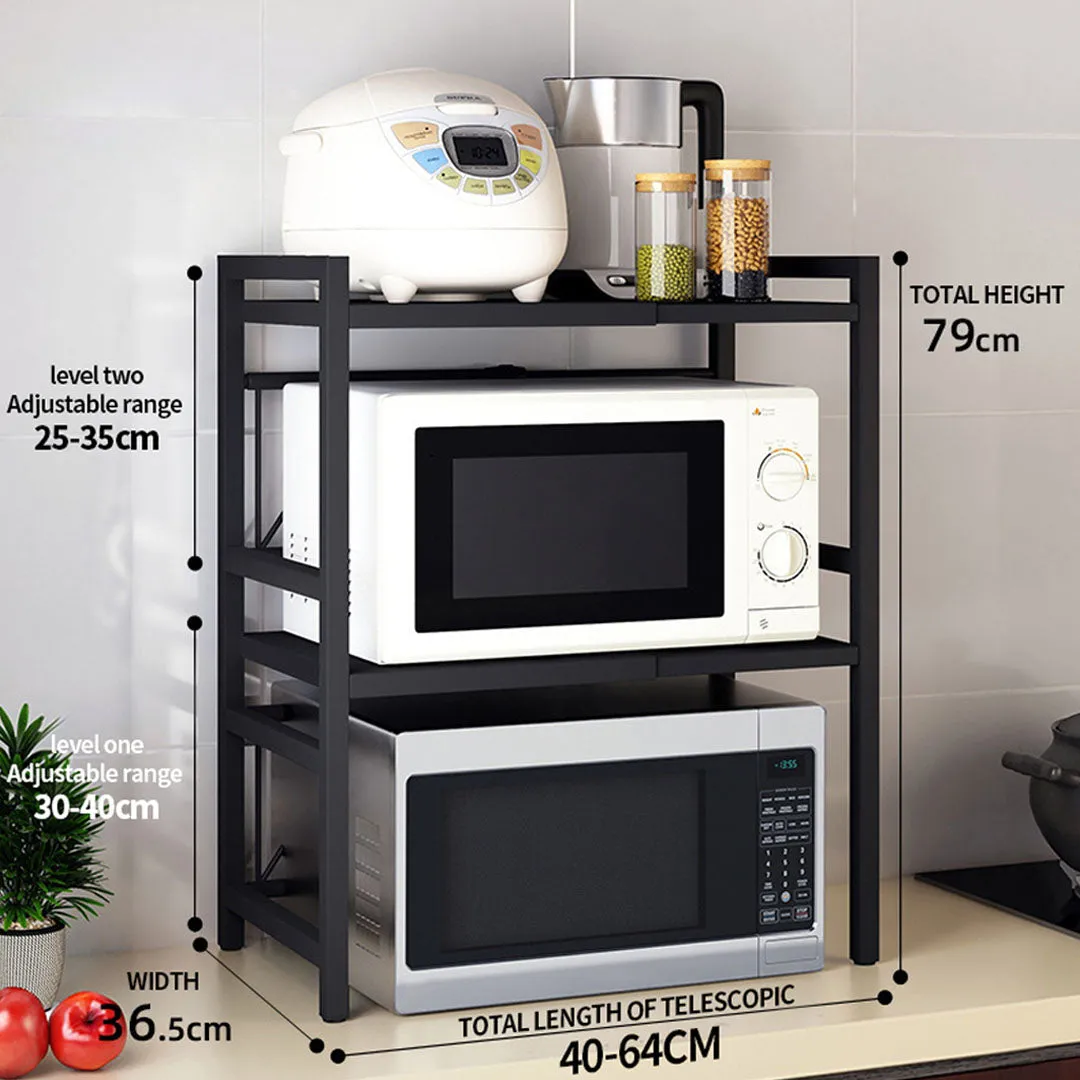 SOGA 3 Tier Steel Black Retractable Kitchen Microwave Oven Stand Multi-Functional Shelves Storage Organizer