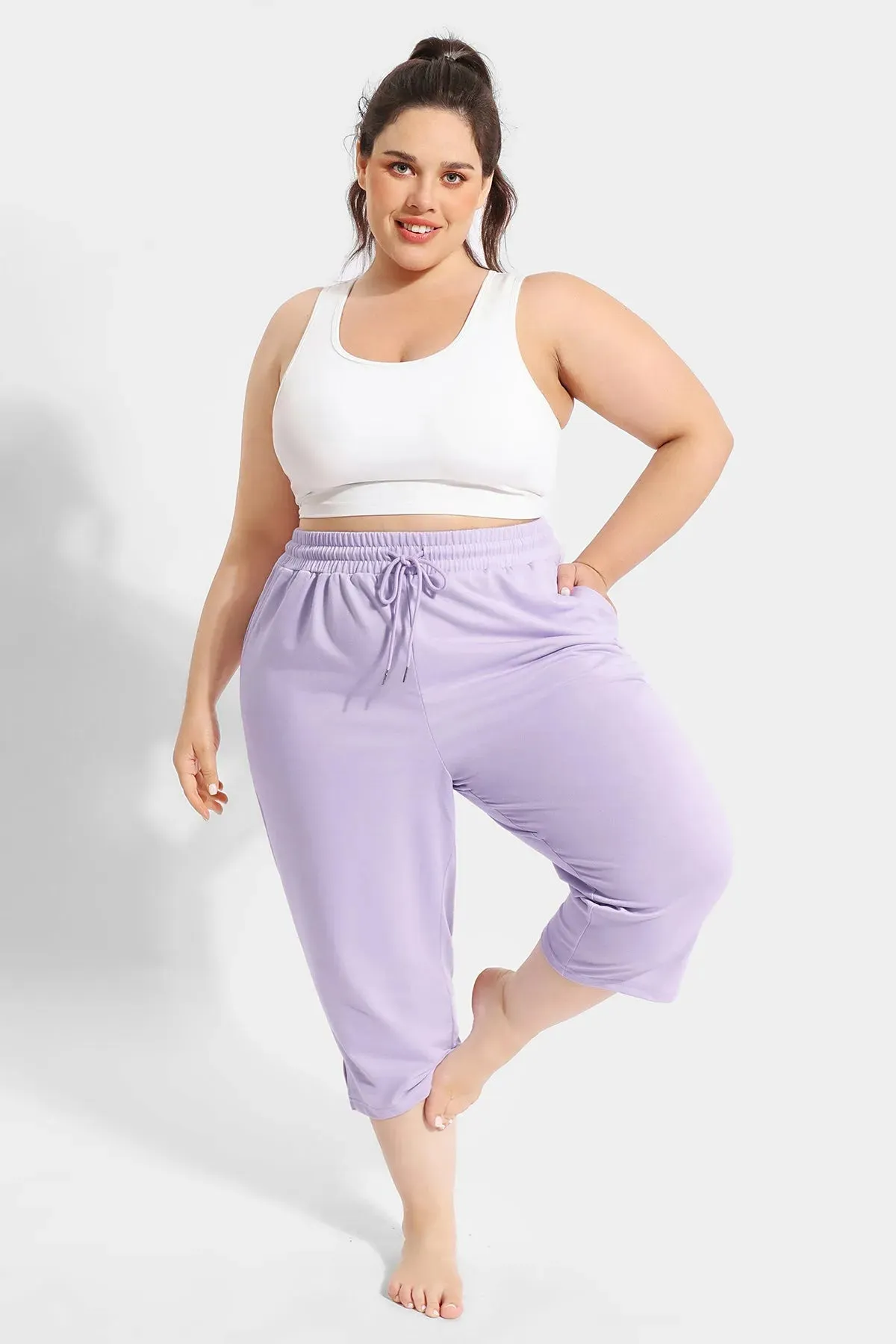 Solid High Waist Drawstring Capri Sweatpants