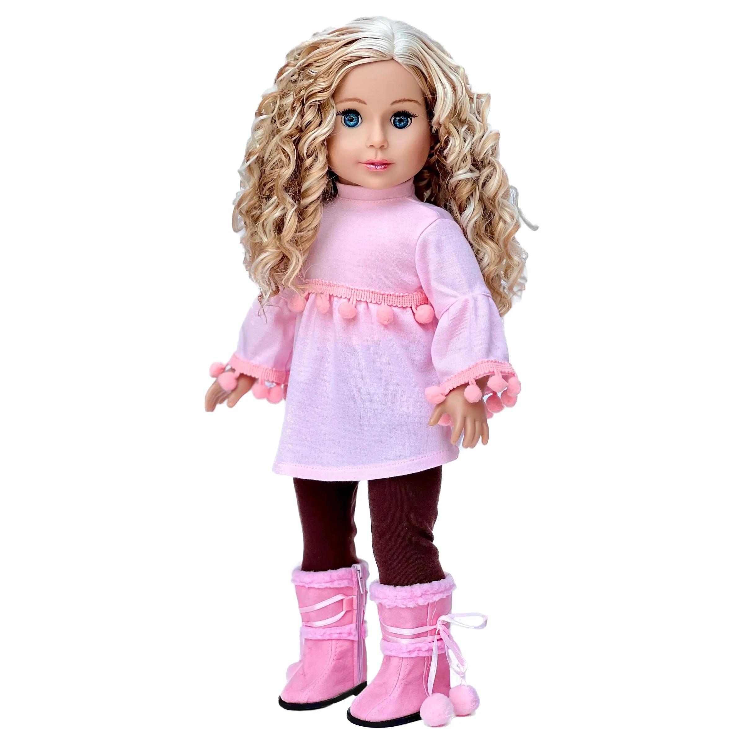 Sweet Pea - 3 Piece Doll Outfit for 18 inch American Girl Doll - Pink Top, Brown Leggings, Pink Winter Boots.