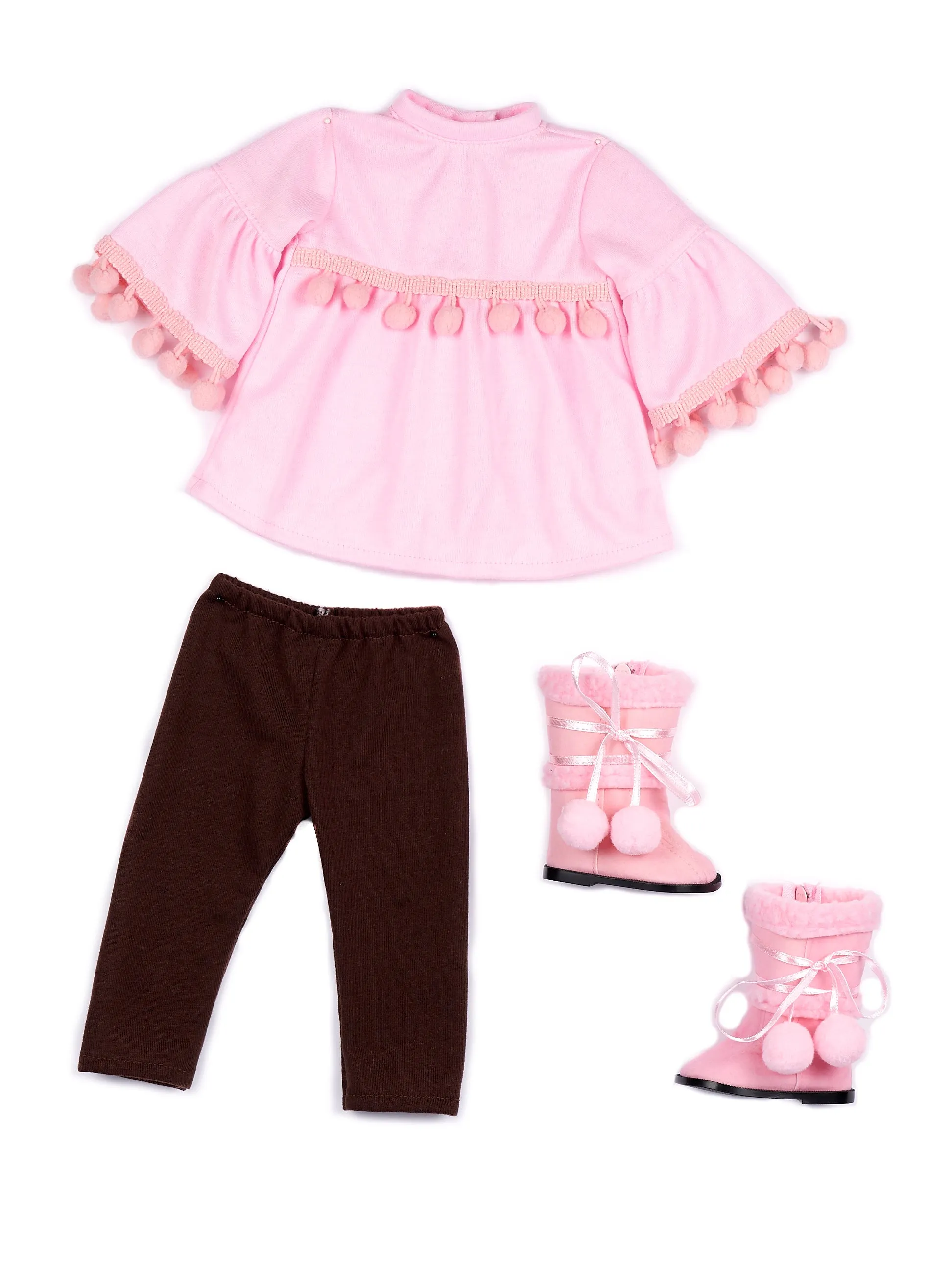 Sweet Pea - 3 Piece Doll Outfit for 18 inch American Girl Doll - Pink Top, Brown Leggings, Pink Winter Boots.