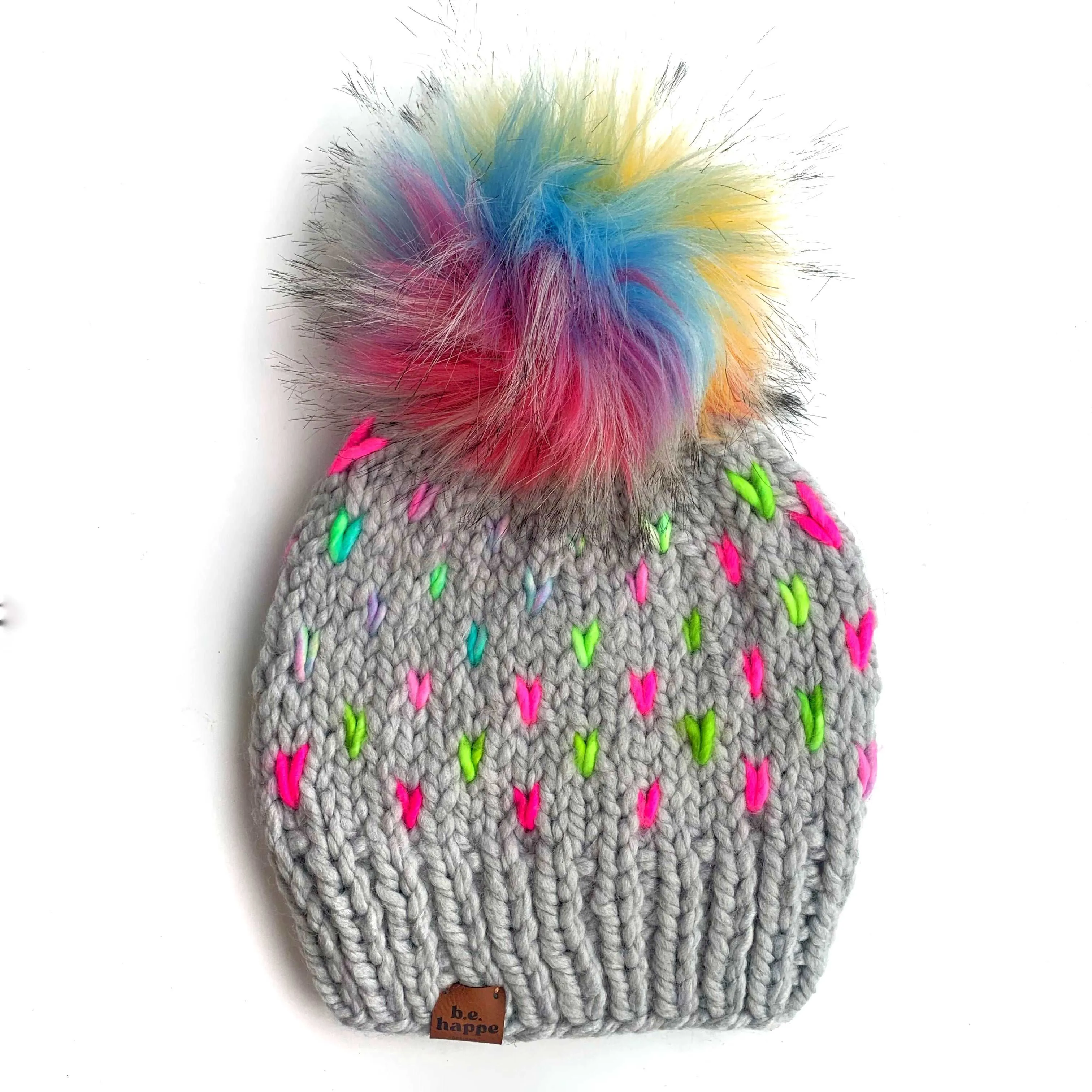 Toddler Knit Heart Pom Hat | Thaw Gray Rainbow