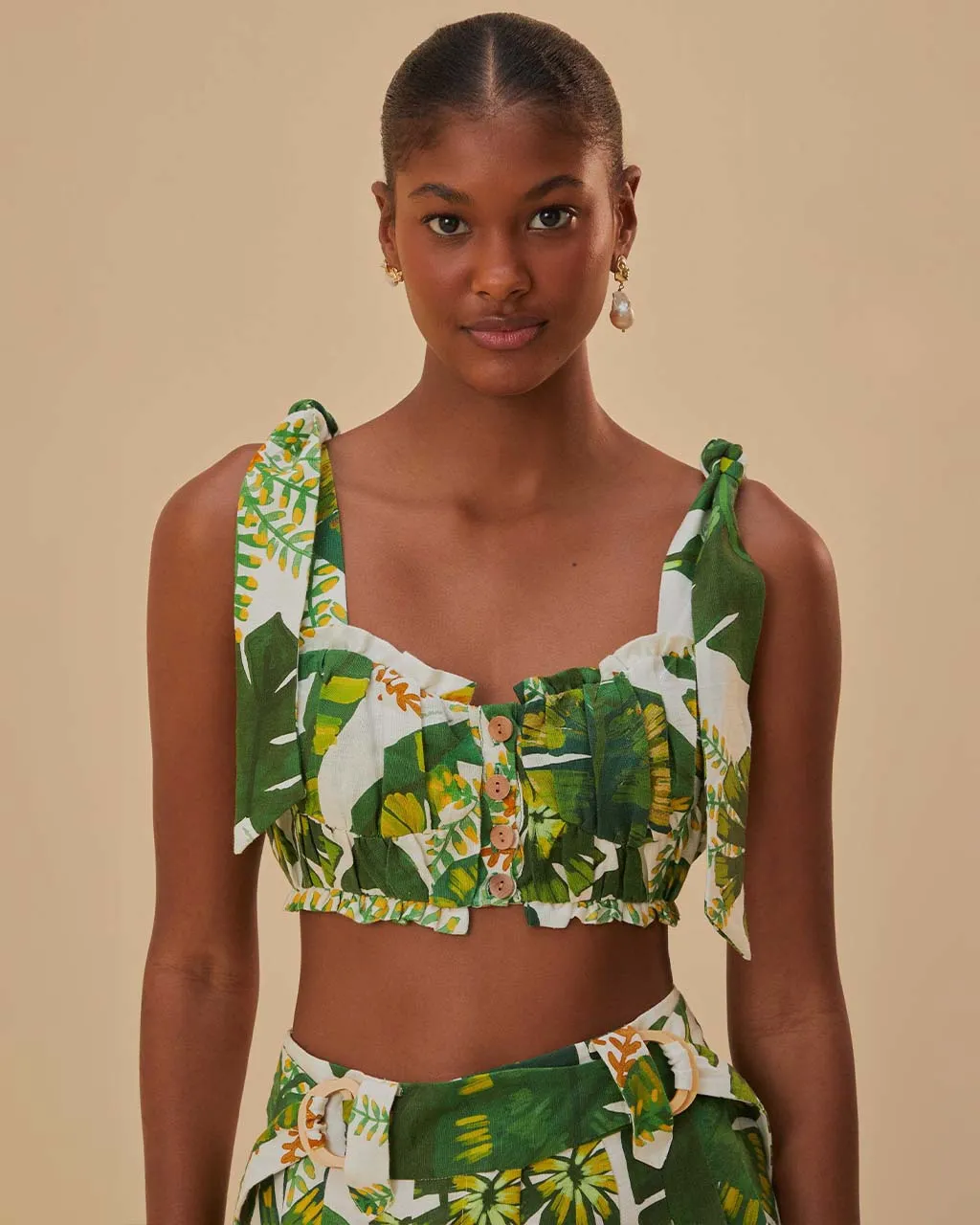 Tropical Forest Off-White Knot Sleeveless Crop Top