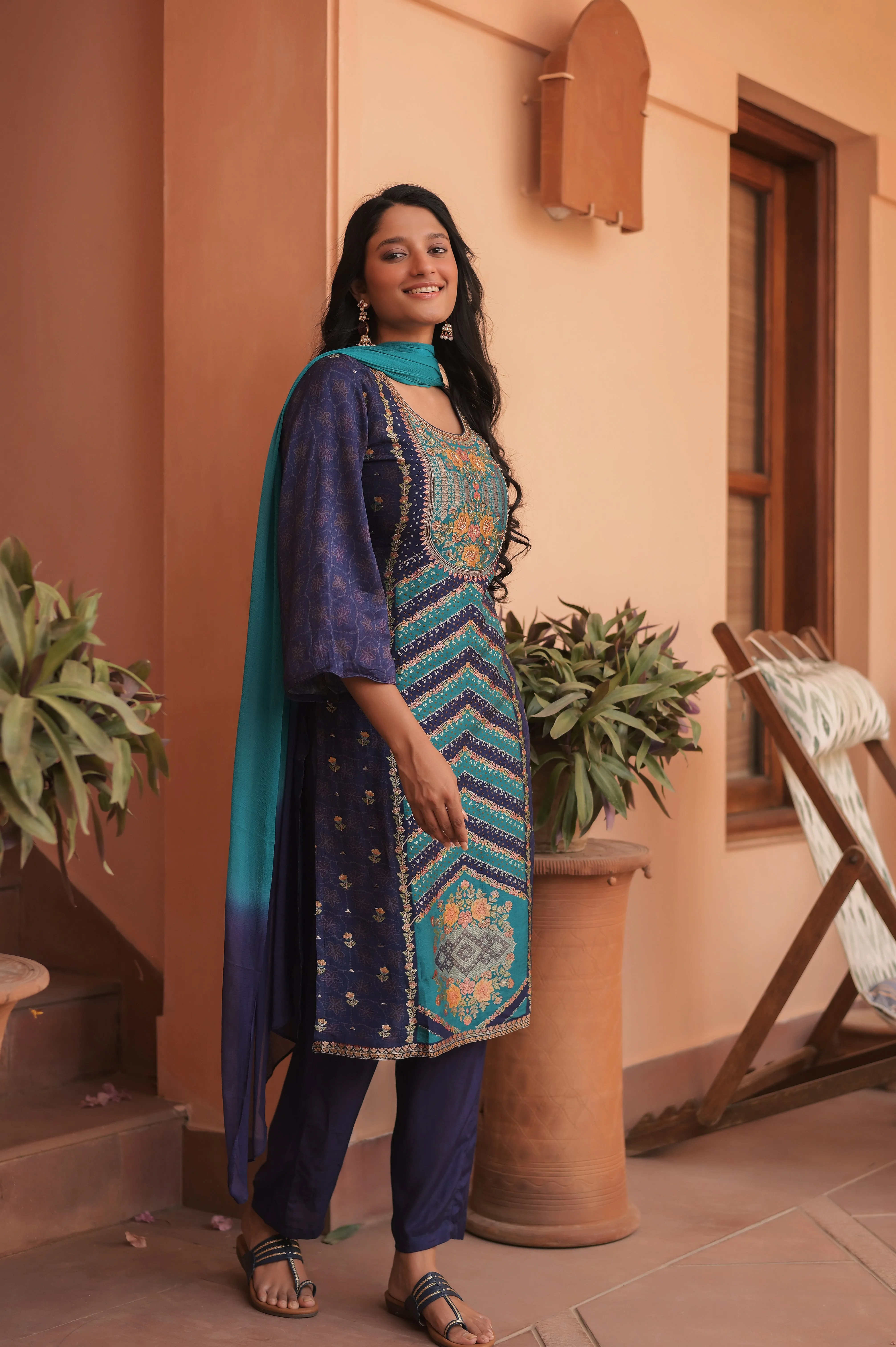 Turquoise Elegance Jacquard Set With Dupatta