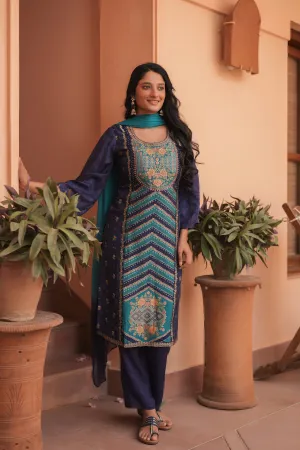 Turquoise Elegance Jacquard Set With Dupatta