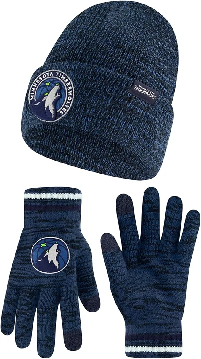 Ultra Game NBA Official Men's Super Soft Winter Beanie Knit Hat with Extra Warm Touch Screen Gloves, Minnesota Timberwolves, Team Color|Minnesota Timberwolves